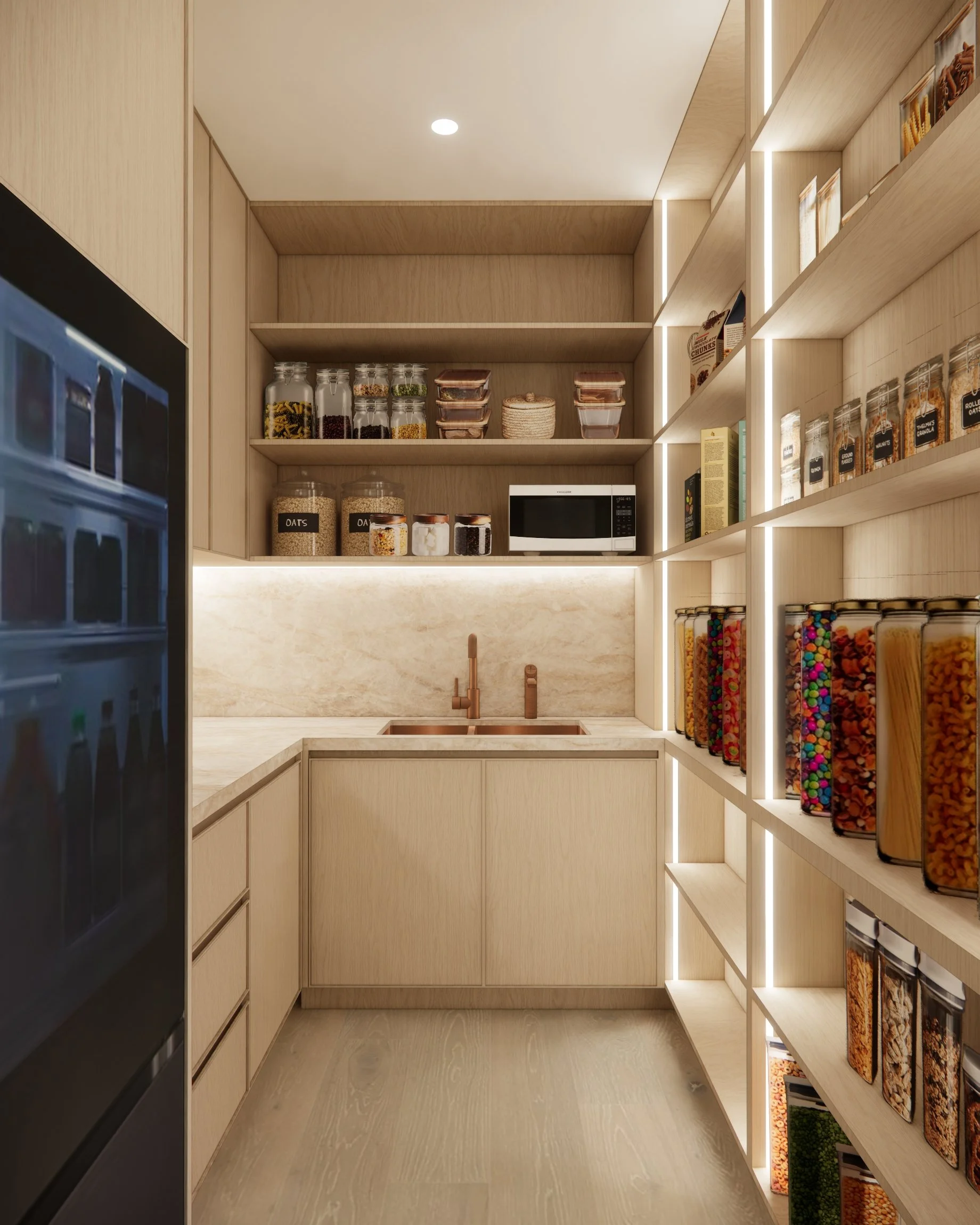 Contemporary kitchen with arched walk-in pantry and custom joinery