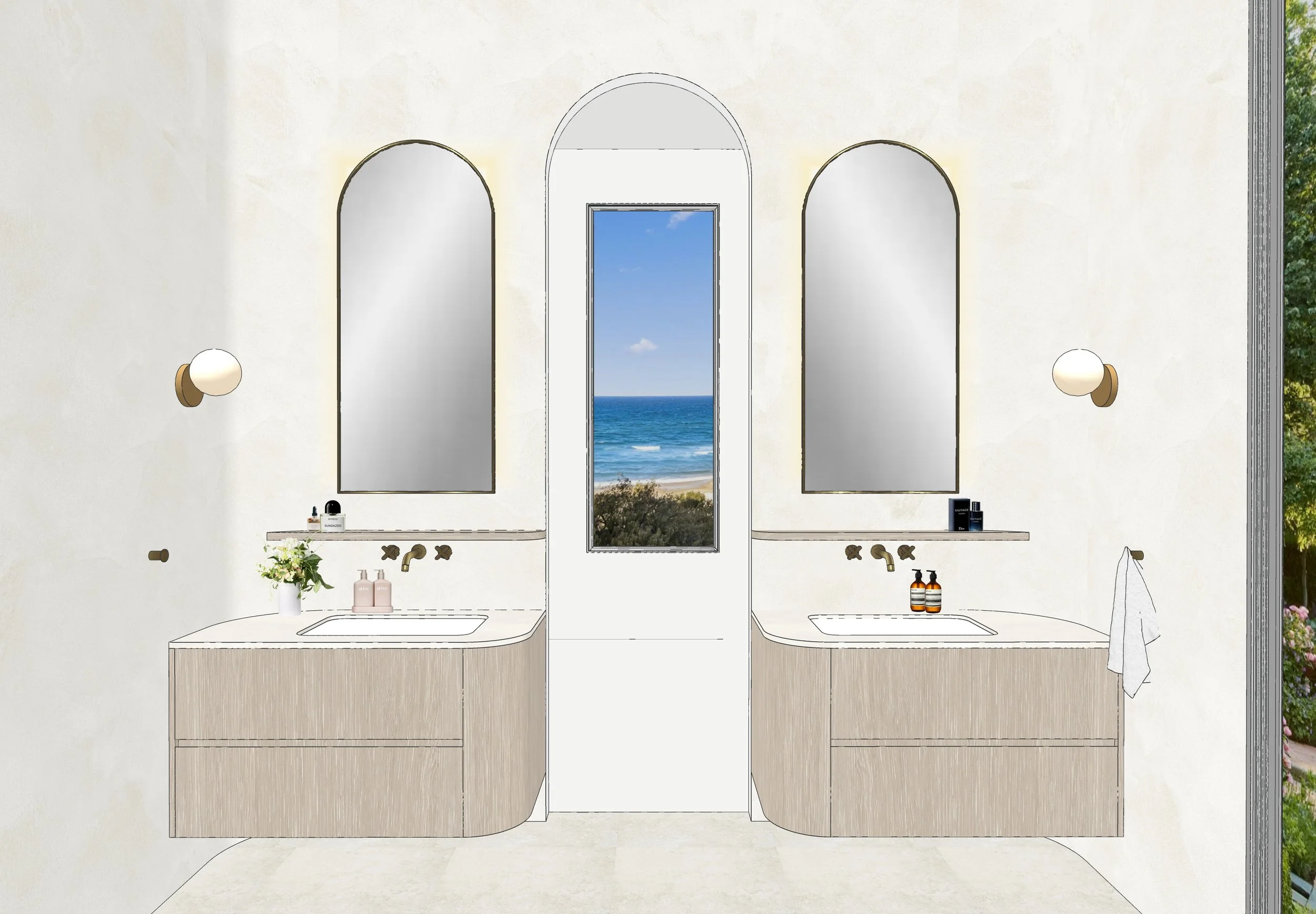 Serene Sands bathroom featuring curved rendered walls, travertine wall panel and central freestanding bath