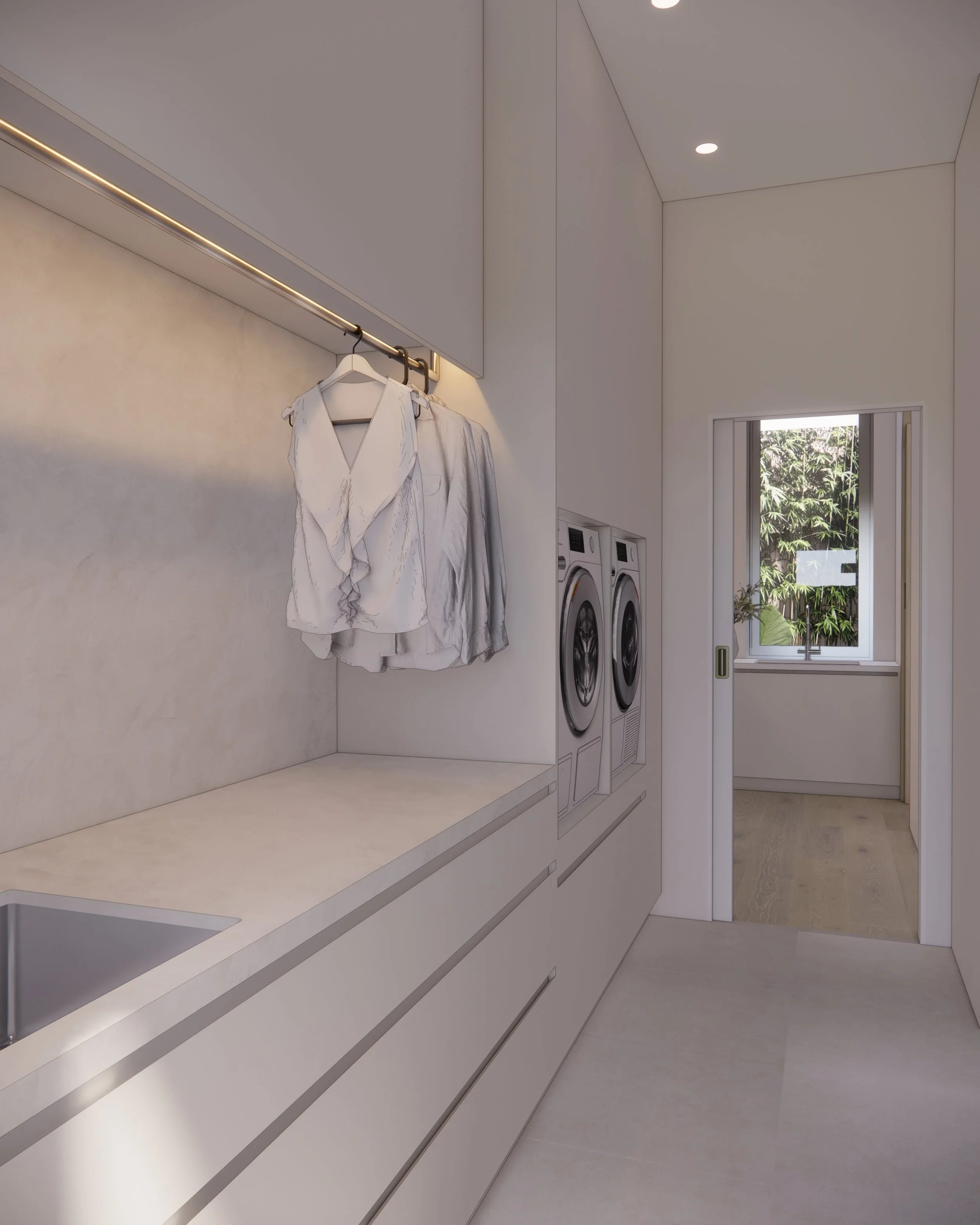 Contemporary laundry in a minimal-luxe Melbourne home.