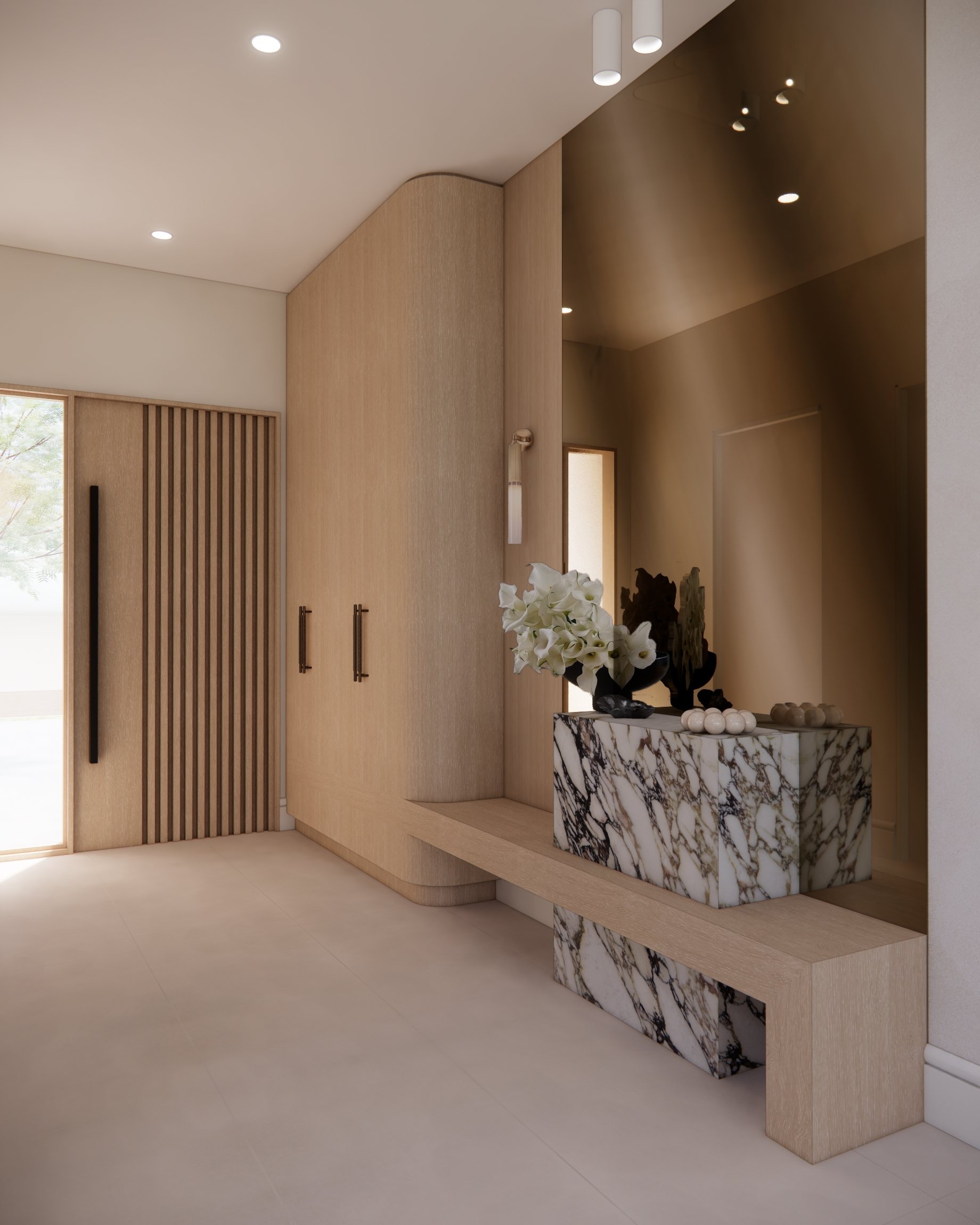 Elegant entryway with sculptural marble console and curved timber joinery in a contemporary Sydney residence