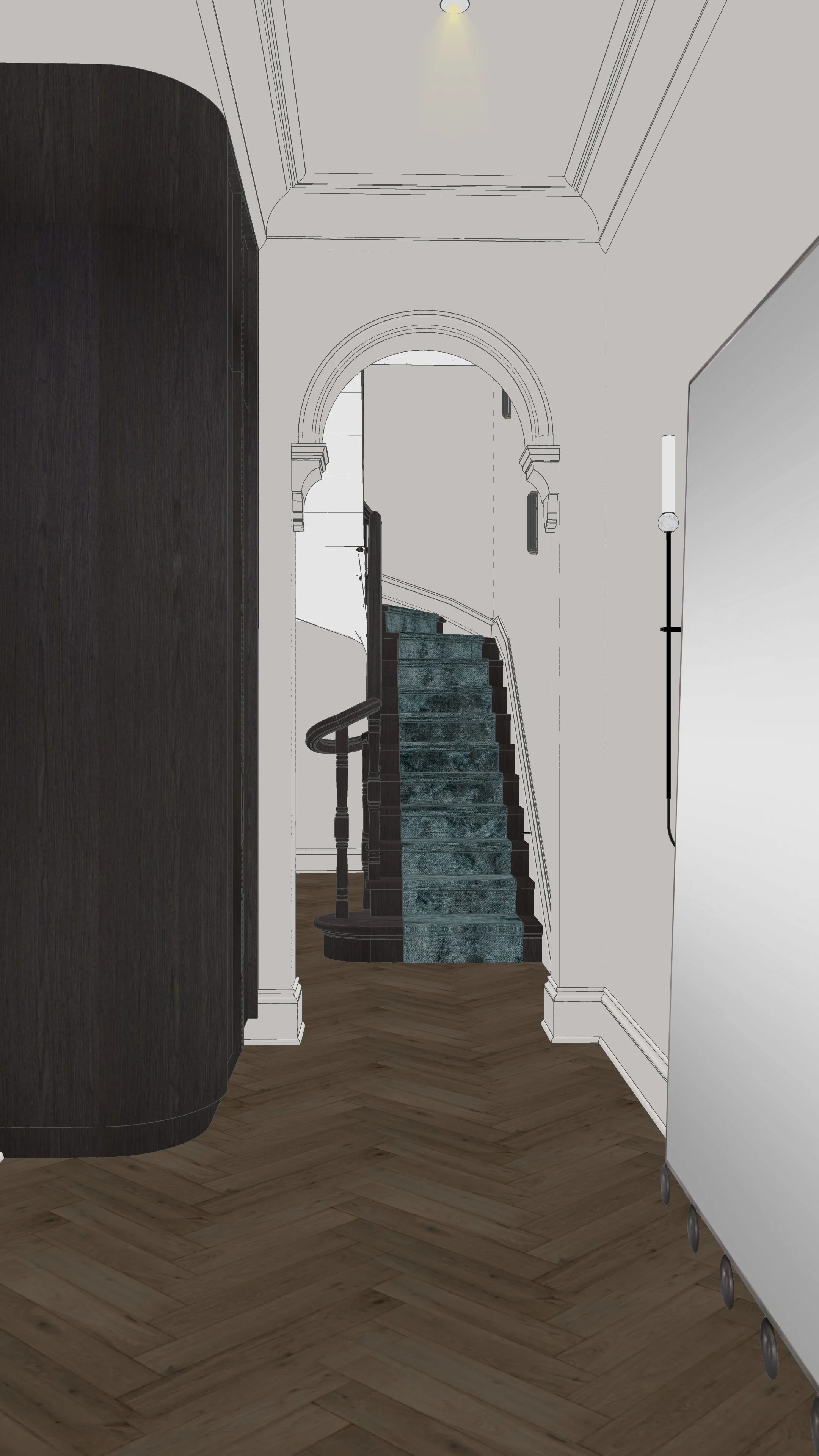 Close-up view of dark timber staircase with runner in renovated heritage terrace