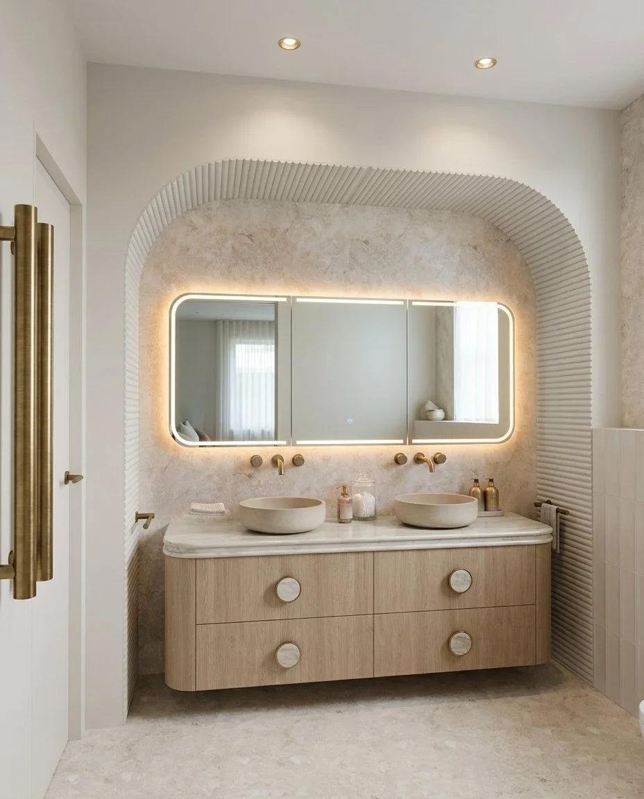 Luxury ensuite featuring a double shower beneath a skylight with natural stone finishes, designed by TID Studio Sydney