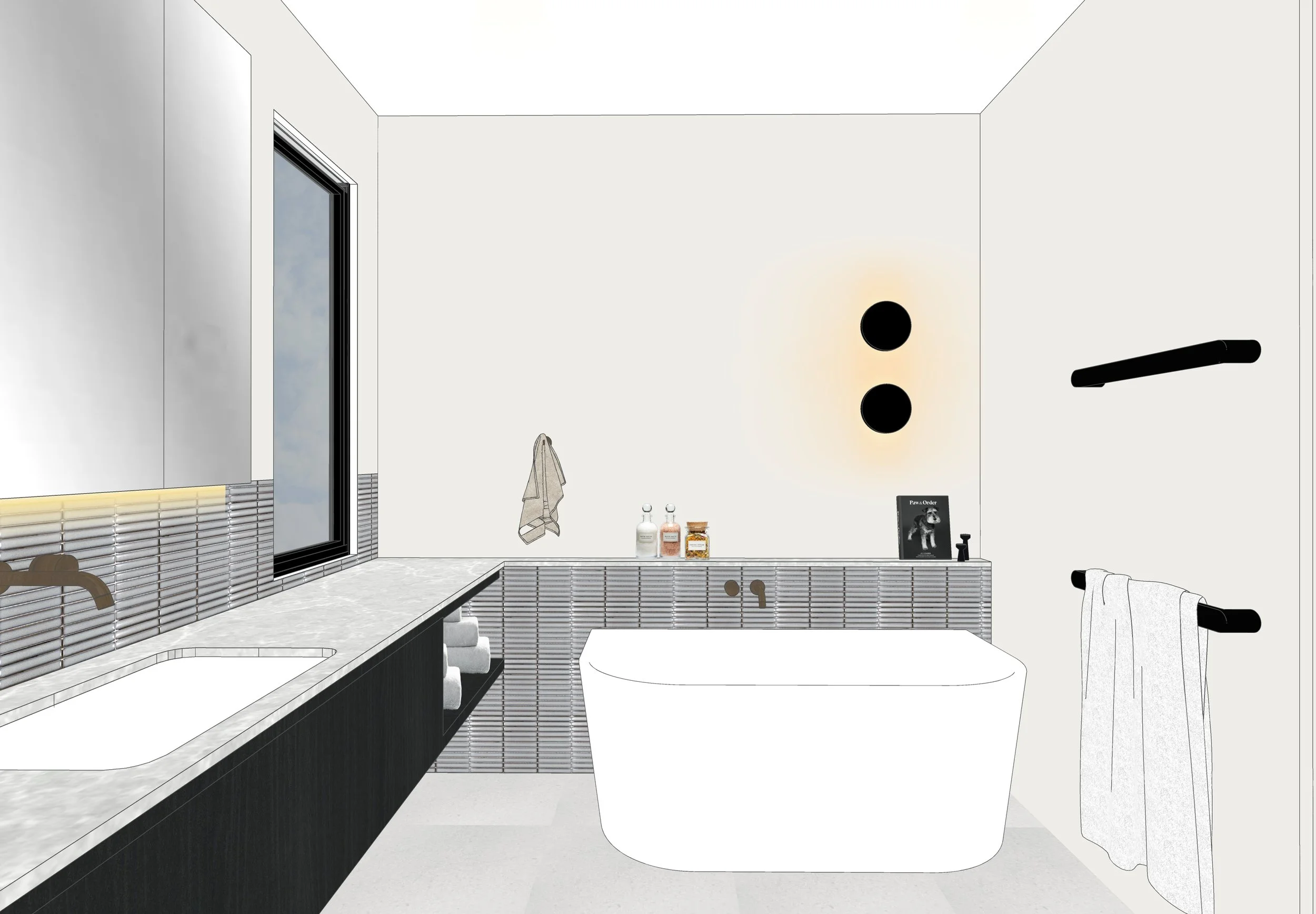 Modern grey stone master bathroom design with floating vanity and minimal black tapware — Caringbah Residence Brisbane