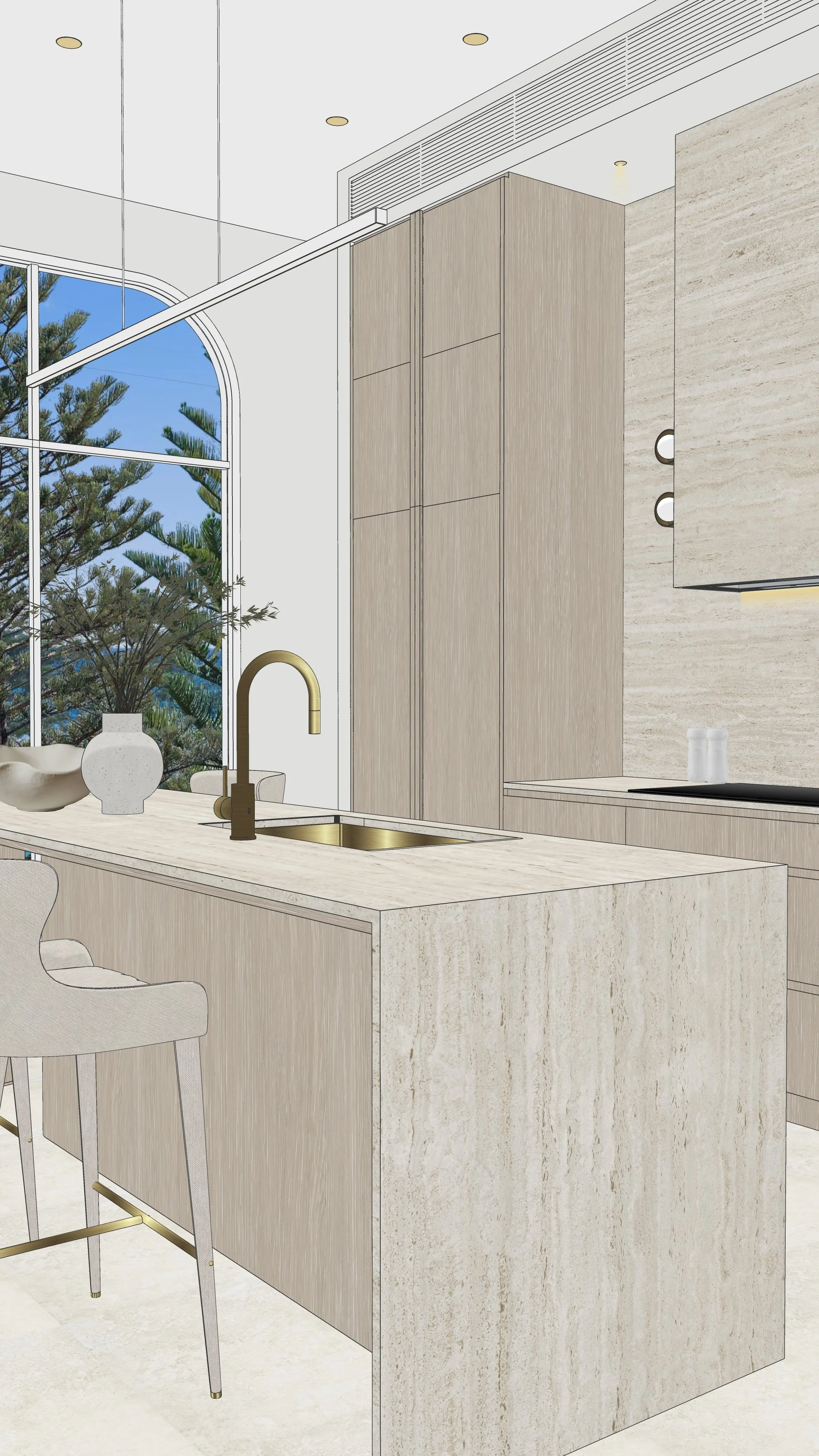Close-up of curved kitchen island with creamy stone benchtop and soft neutral palette