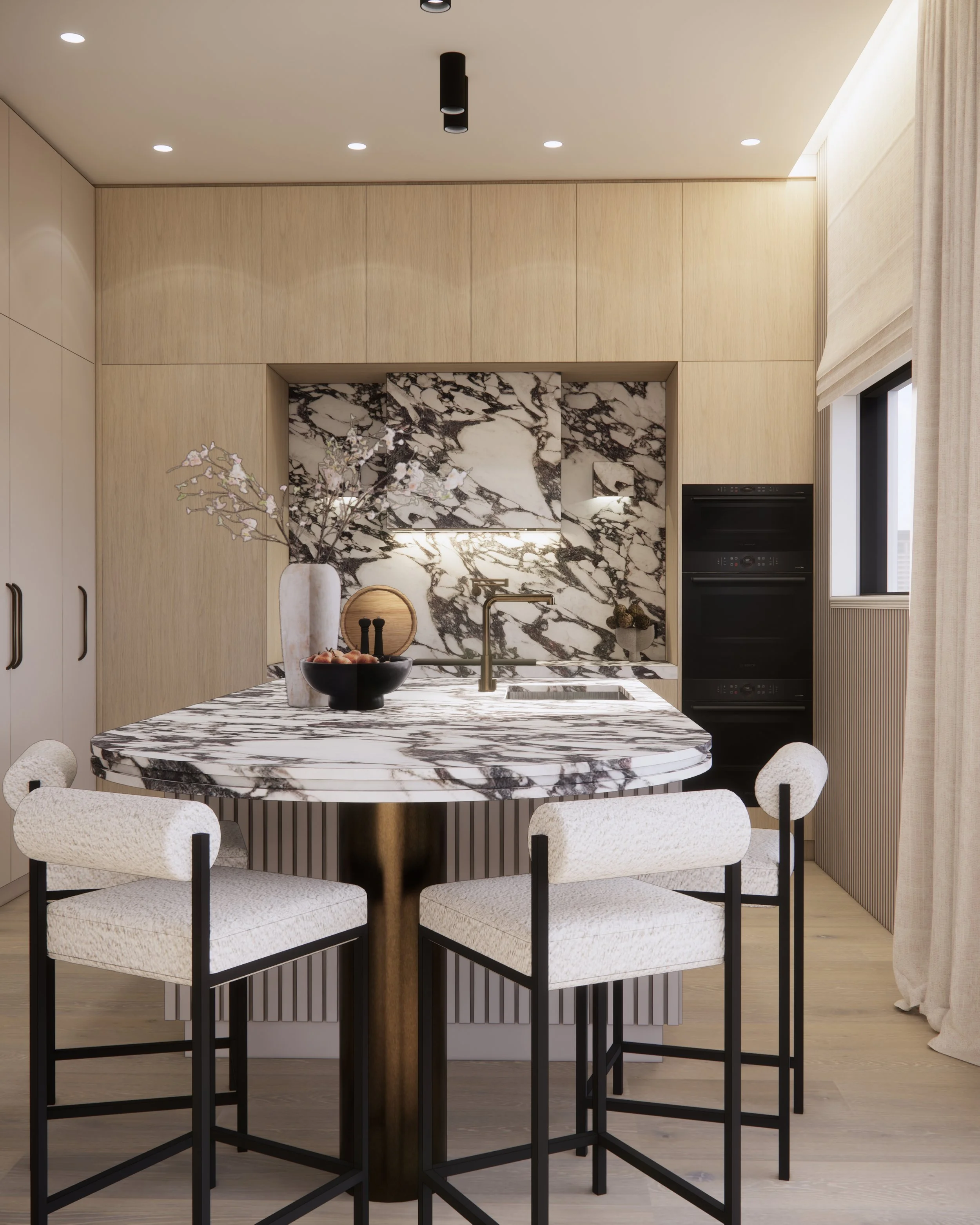 Contemporary marble kitchen with curved island and warm timber cabinetry in Melbourne apartment designed by TID Studio