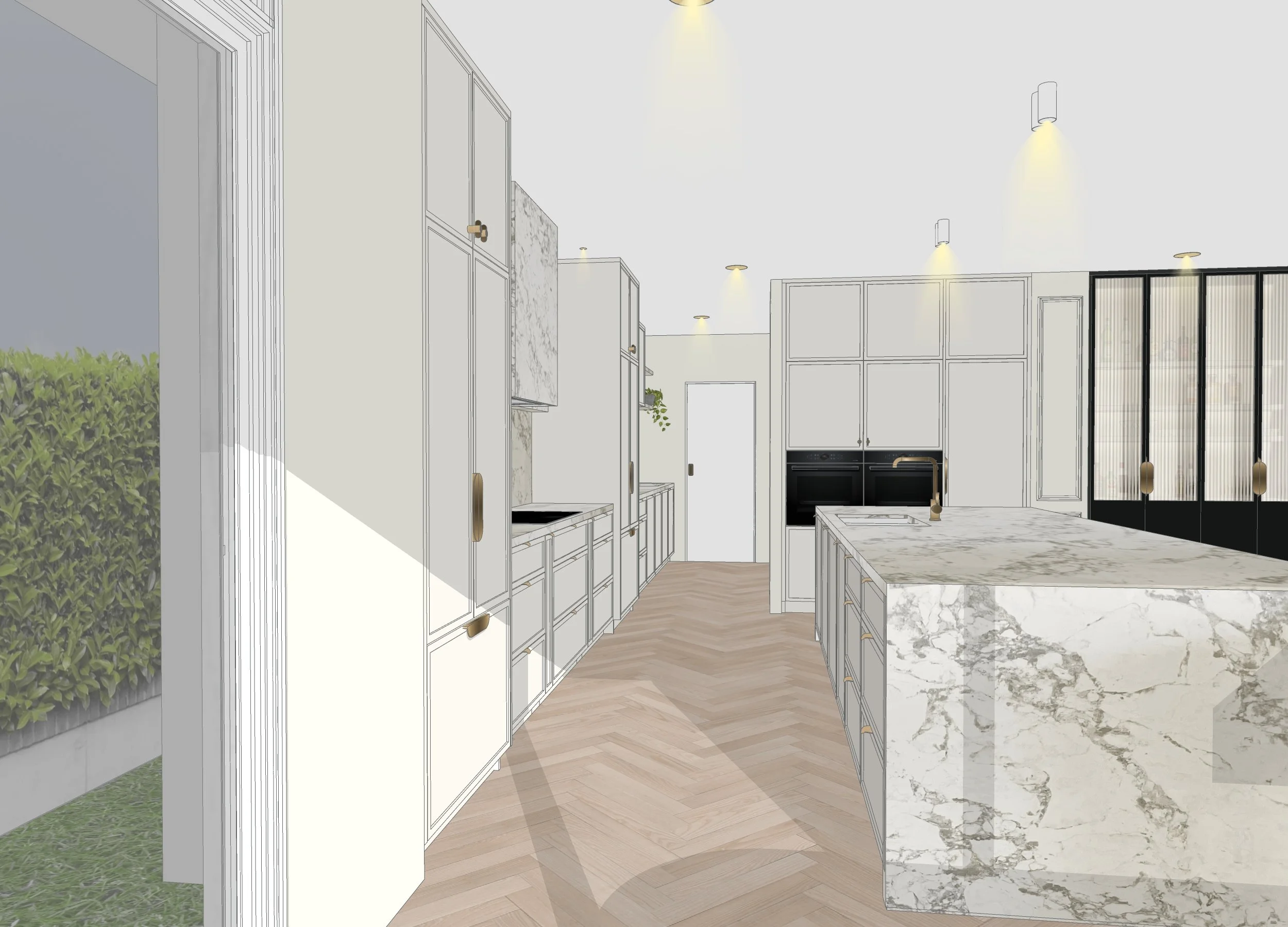 Modern Parisian-style kitchen with marble island and black bar stools in Melbourne new build