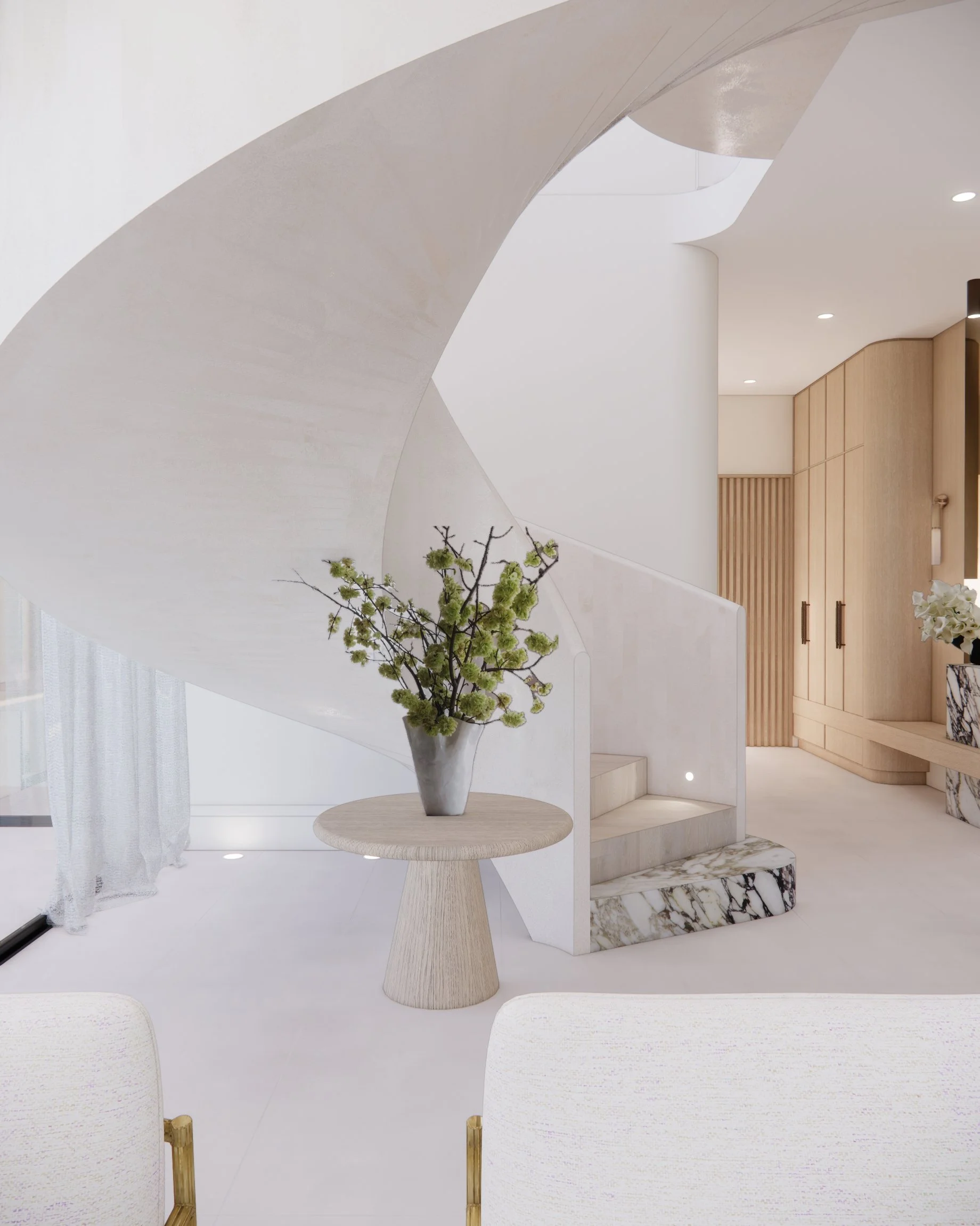 Contemporary living room with marble fireplace, curved staircase, and oversized neutral seating in a Sydney new-build