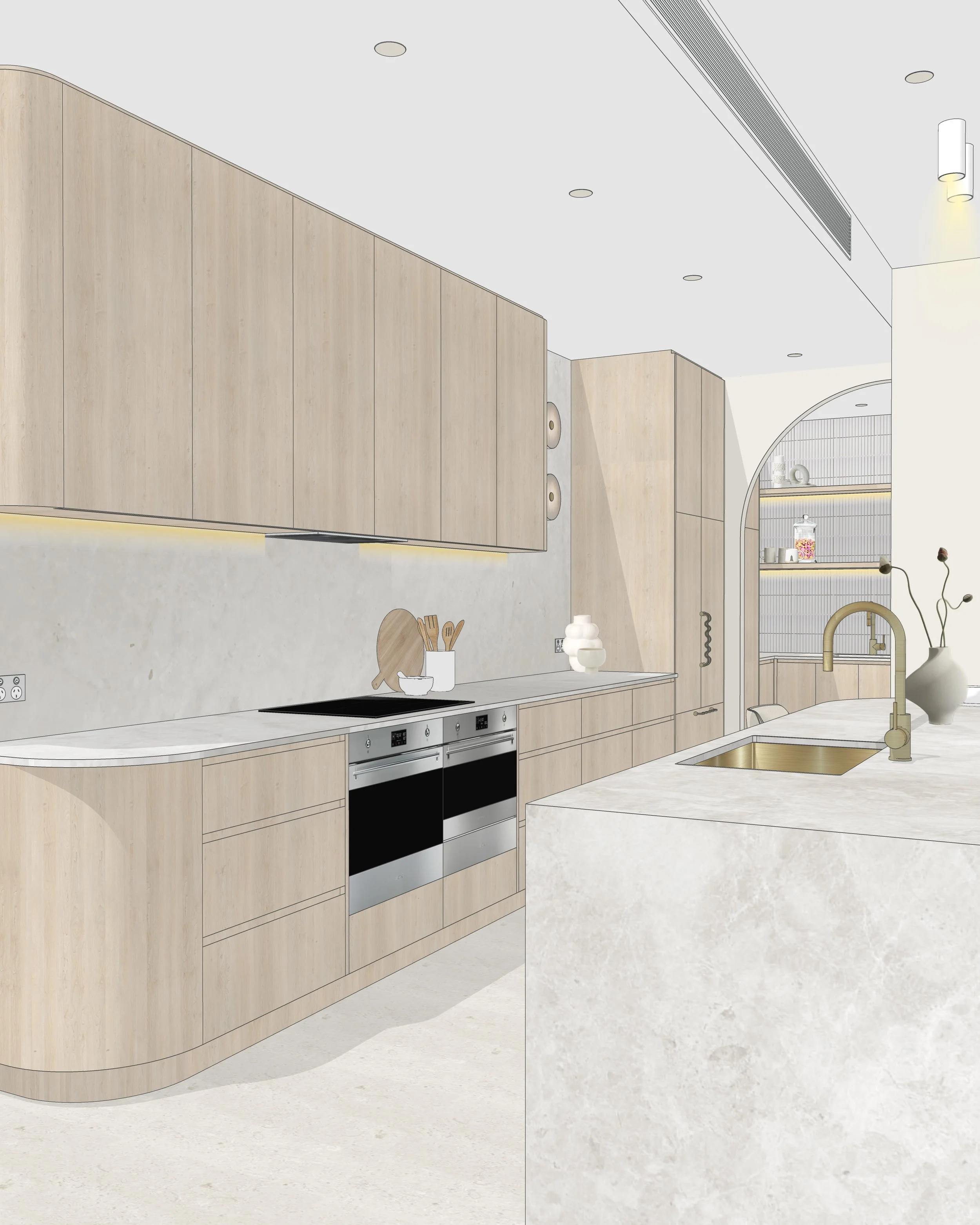 Pantry behind a curved archway featuring open shelving, brass tapware, and vertical white tiles