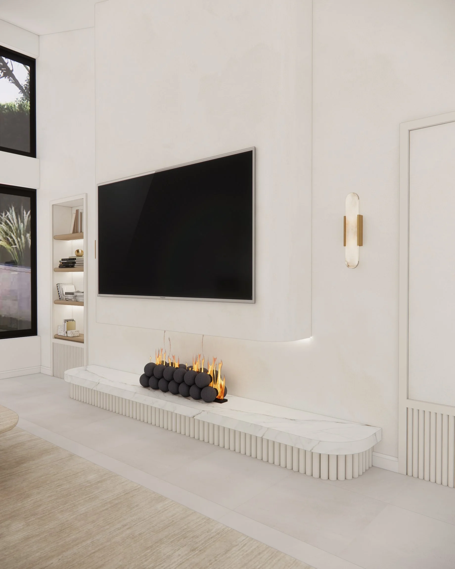 TV wall with sculptural fireplace and minimal shelving in a modern coastal Florida home
