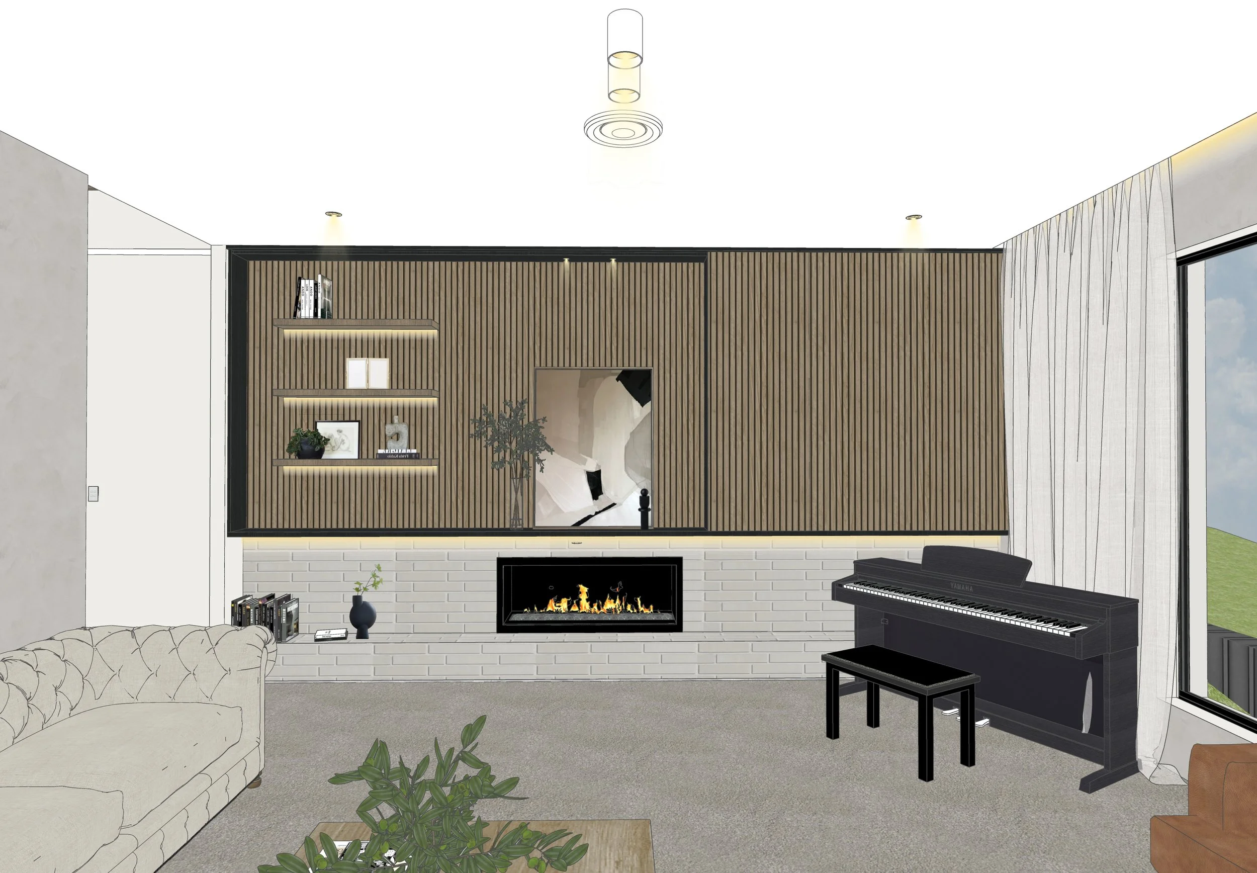 Contemporary living room fireplace wall with vertical slats and decorative shelving — Brisbane interior design by TID Studio