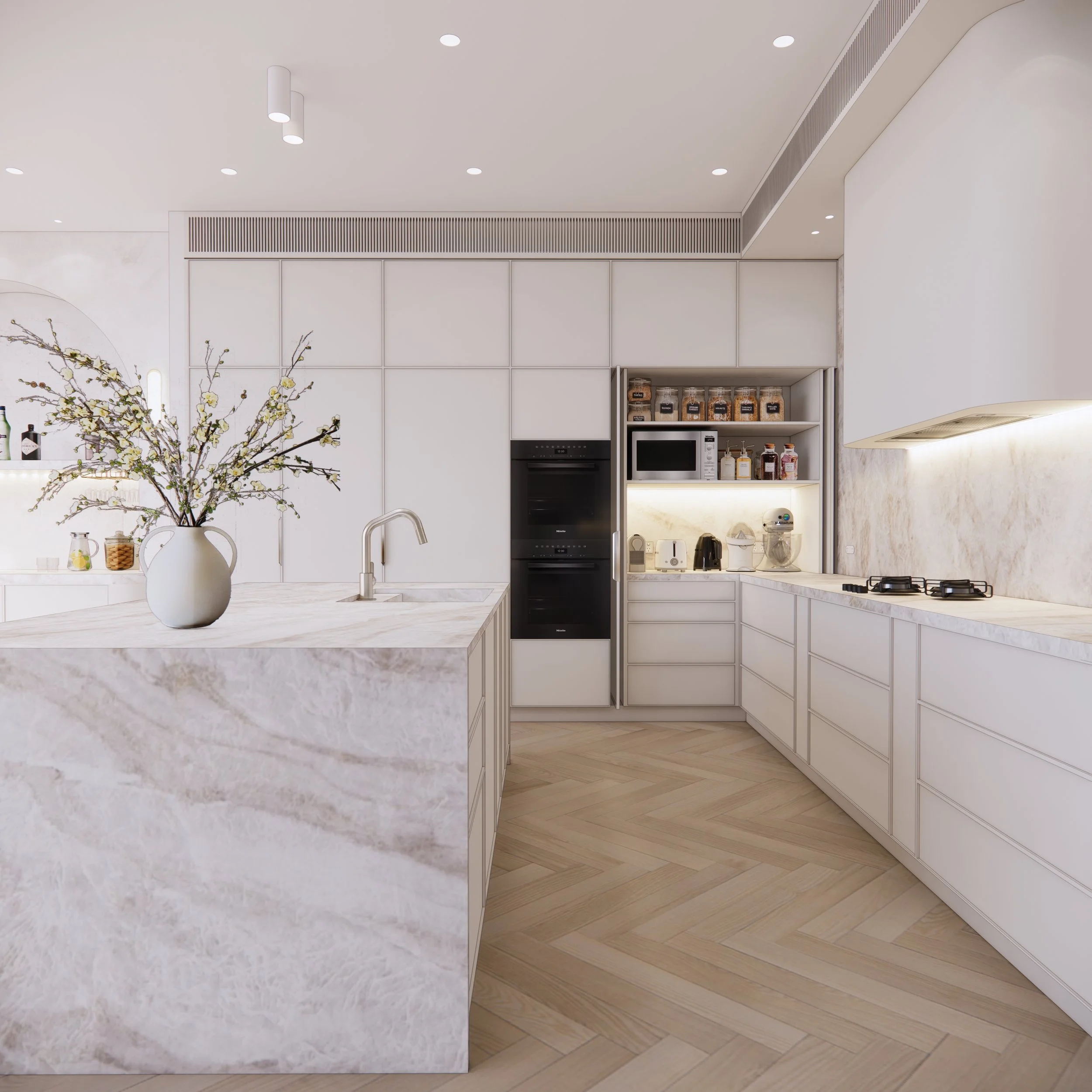 Minimal luxe Melbourne kitchen with stone island and full-height cabinetry by TID Studio