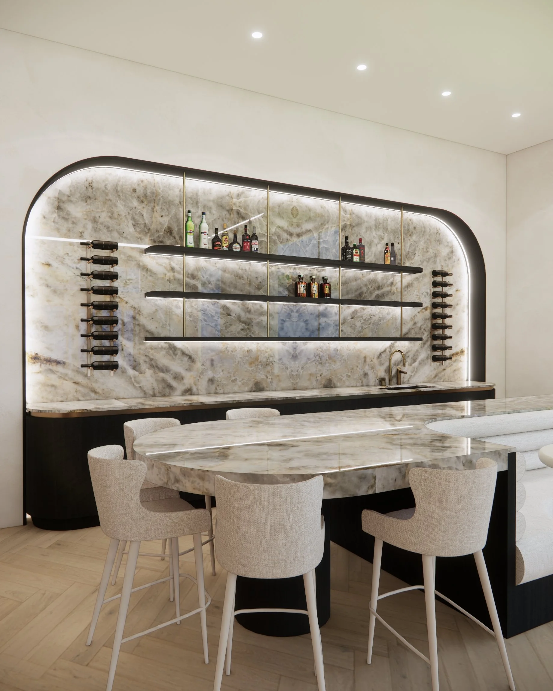 Soft neutral pool house with custom curved backlit bar and island with integrated banquette, modular sofa with fireplace anchored by stone benchseat on the sides, and warm minimal styling designed by TID Studio in Sydney