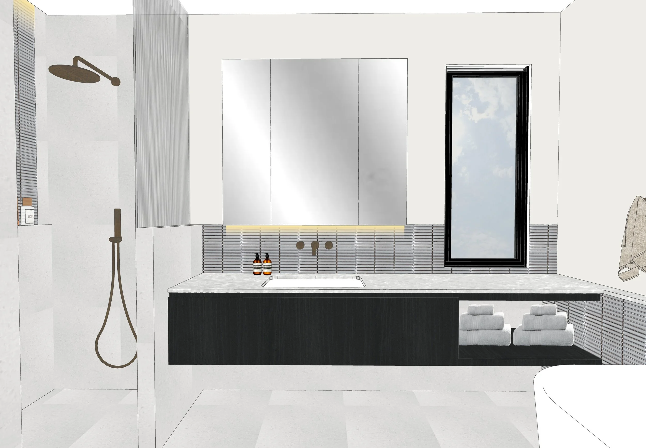 Modern grey stone master bathroom design with floating vanity and minimal black tapware — Caringbah Residence Brisbane