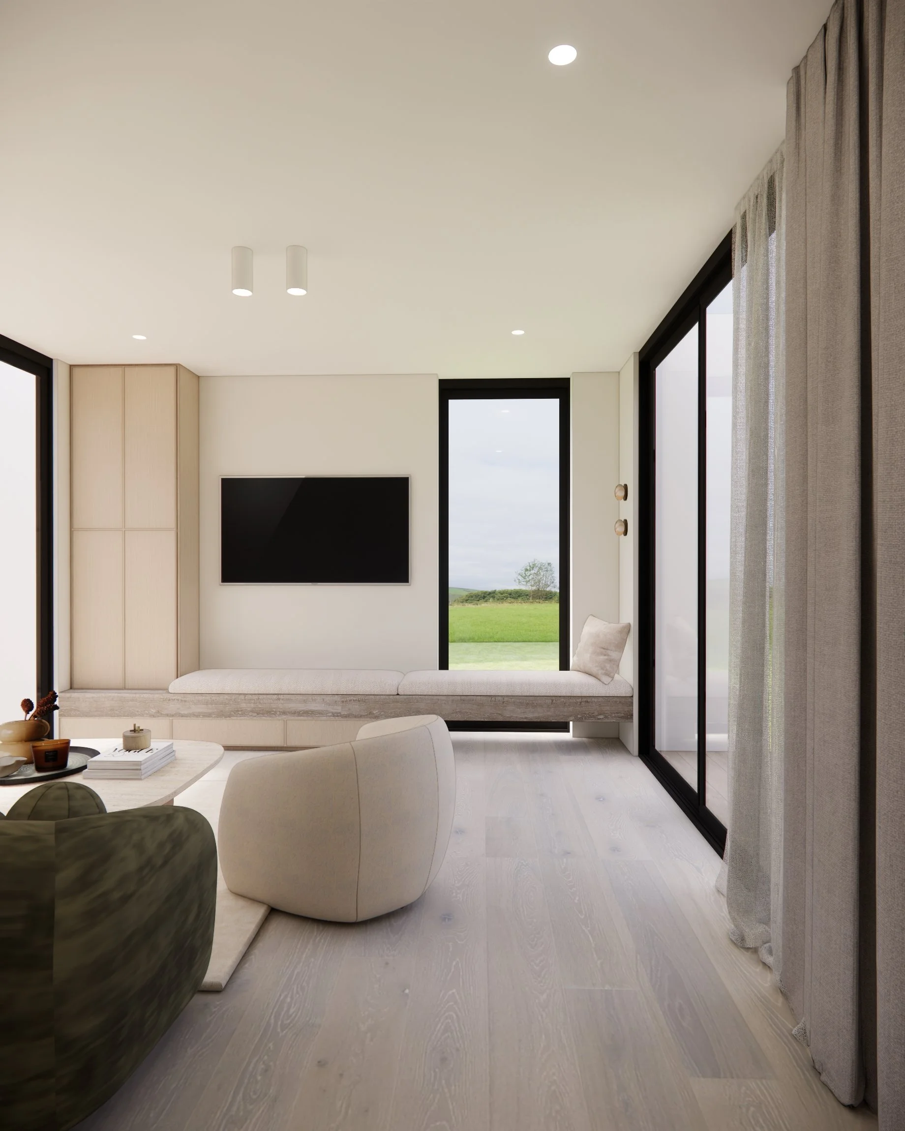 Family room featuring custom TV cabinetry and built-in window bench seating
