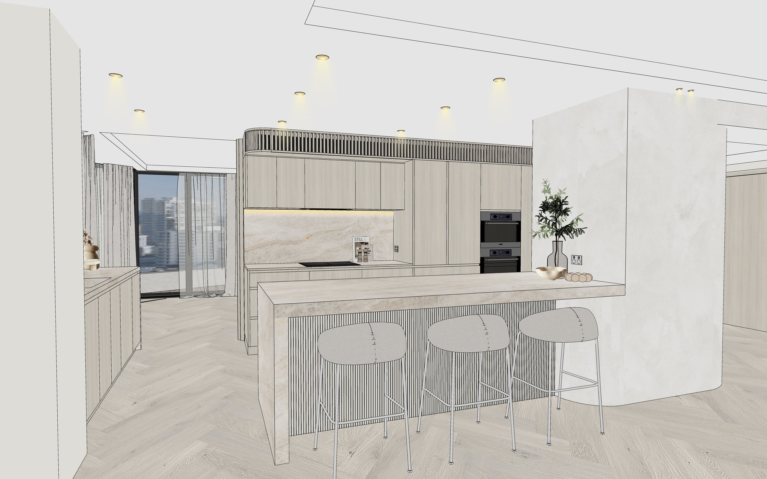 Contemporary coastal kitchen with curved island and pale timber cabinetry in Oceanview Apartment Gold Coast