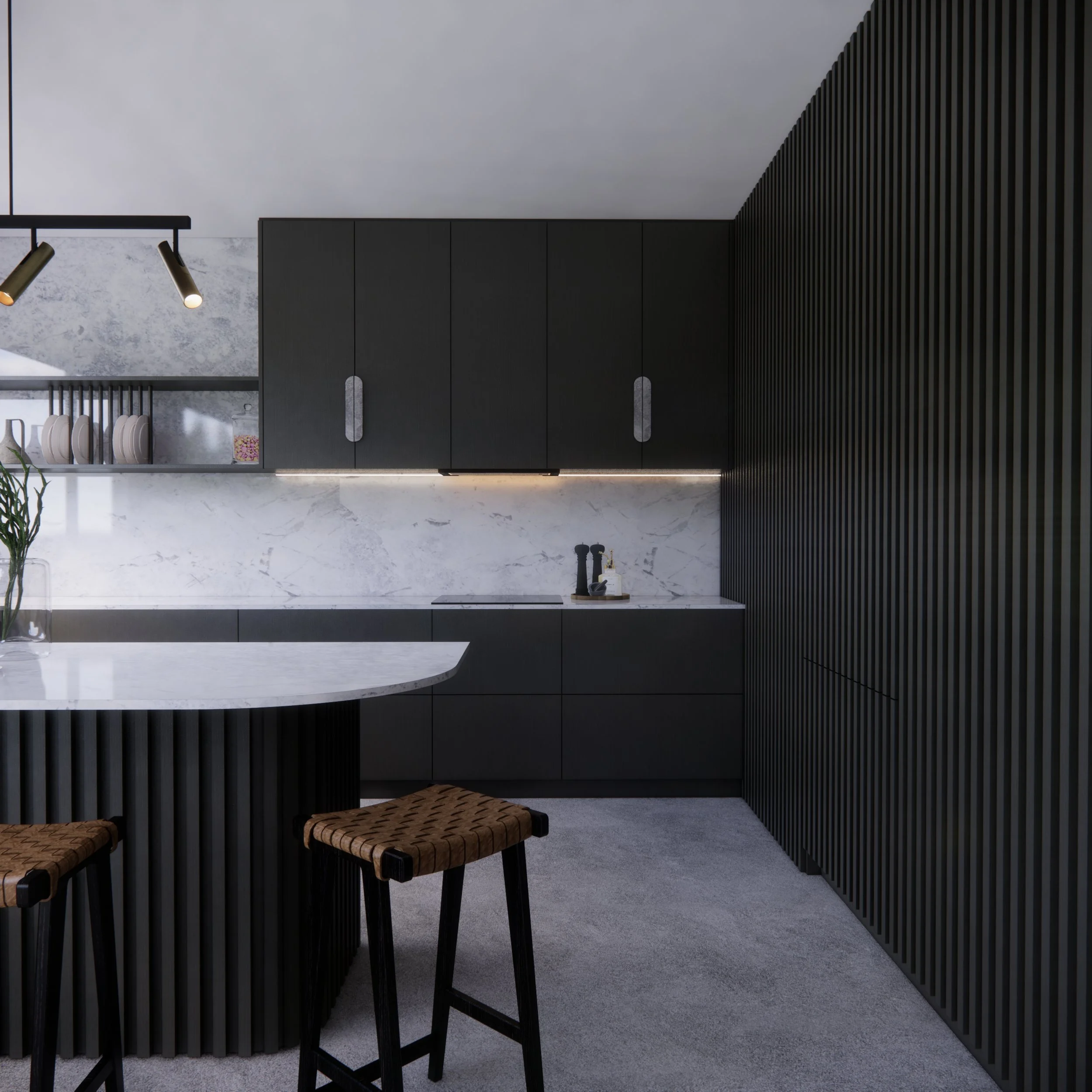 Fluted kitchen island with stone countertop in modern family home