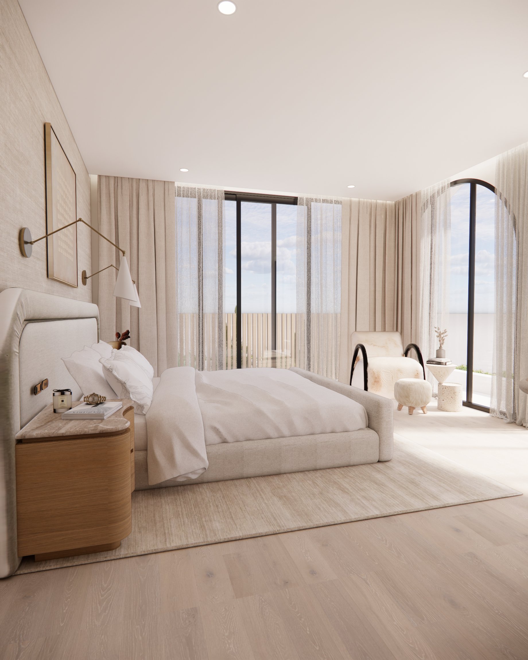 Soft neutral primary bedroom with custom curved headboard, sheer drapery, and warm minimal styling designed by TID Studio in Sydney
