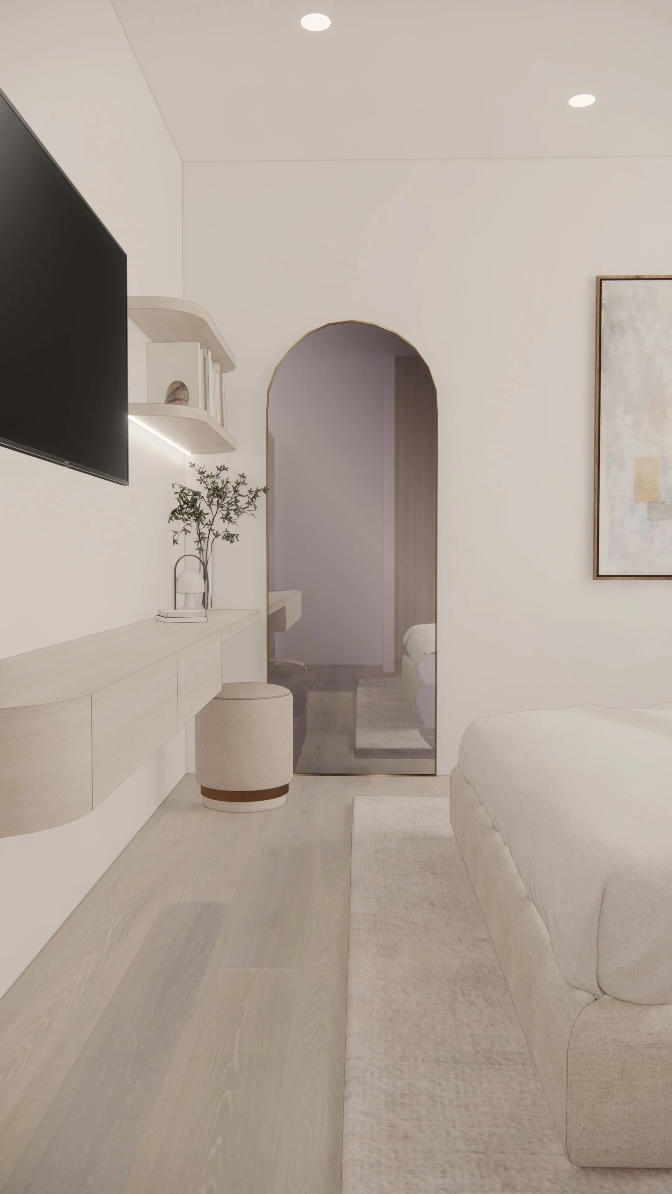 Guest bedroom in neutral tones with soft textures and minimal styling — Auriga Residence by TID Studio, Brisbane