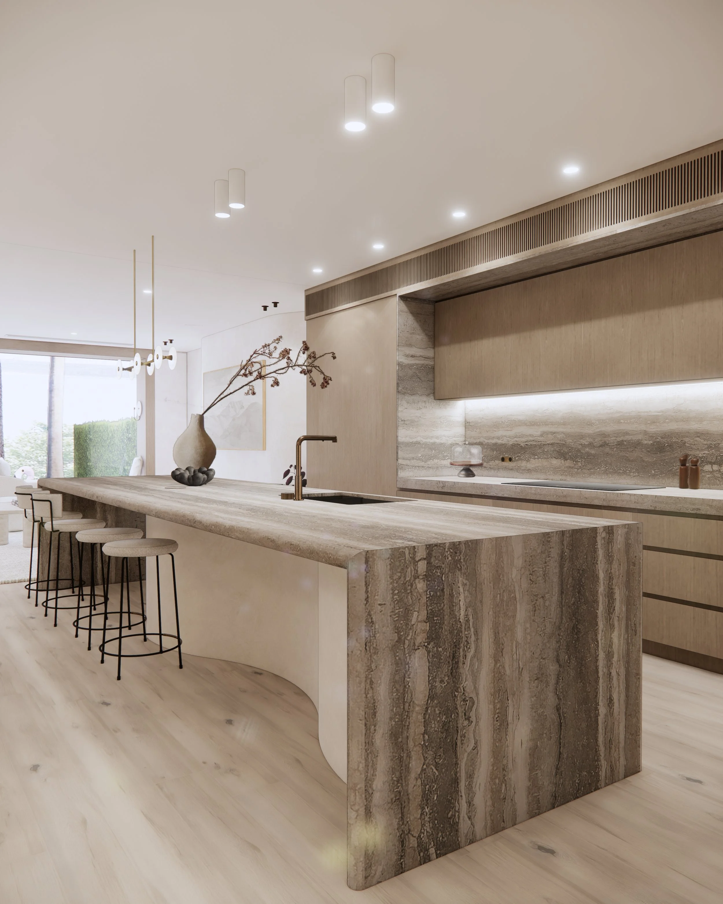 Travertine kitchen island with curved base, warm timber cabinetry, and coastal contemporary palette