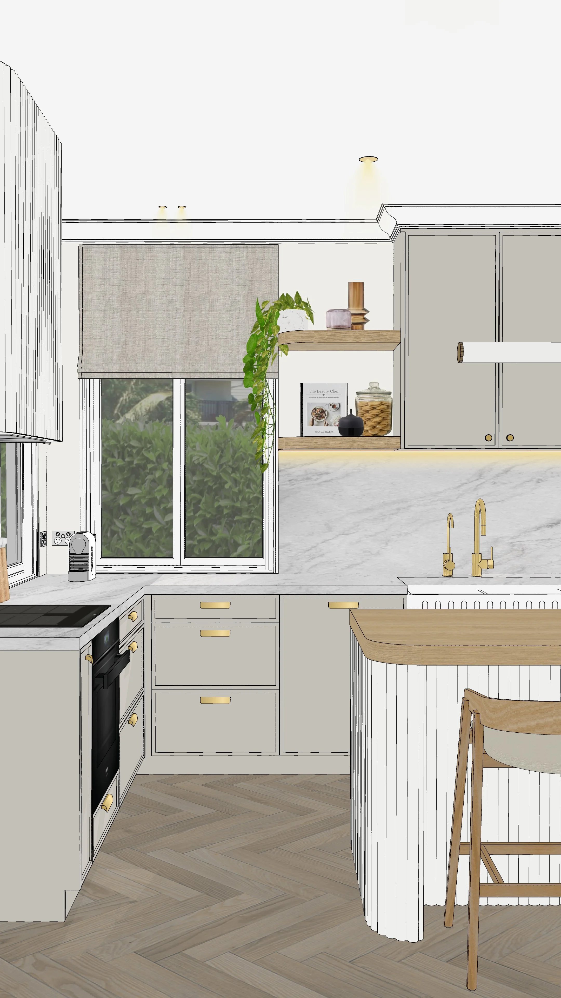 Render of Serene Symphony kitchen with soft greige cabinetry, reeded detailing and brass tapware, Brisbane interior design by TID Studio