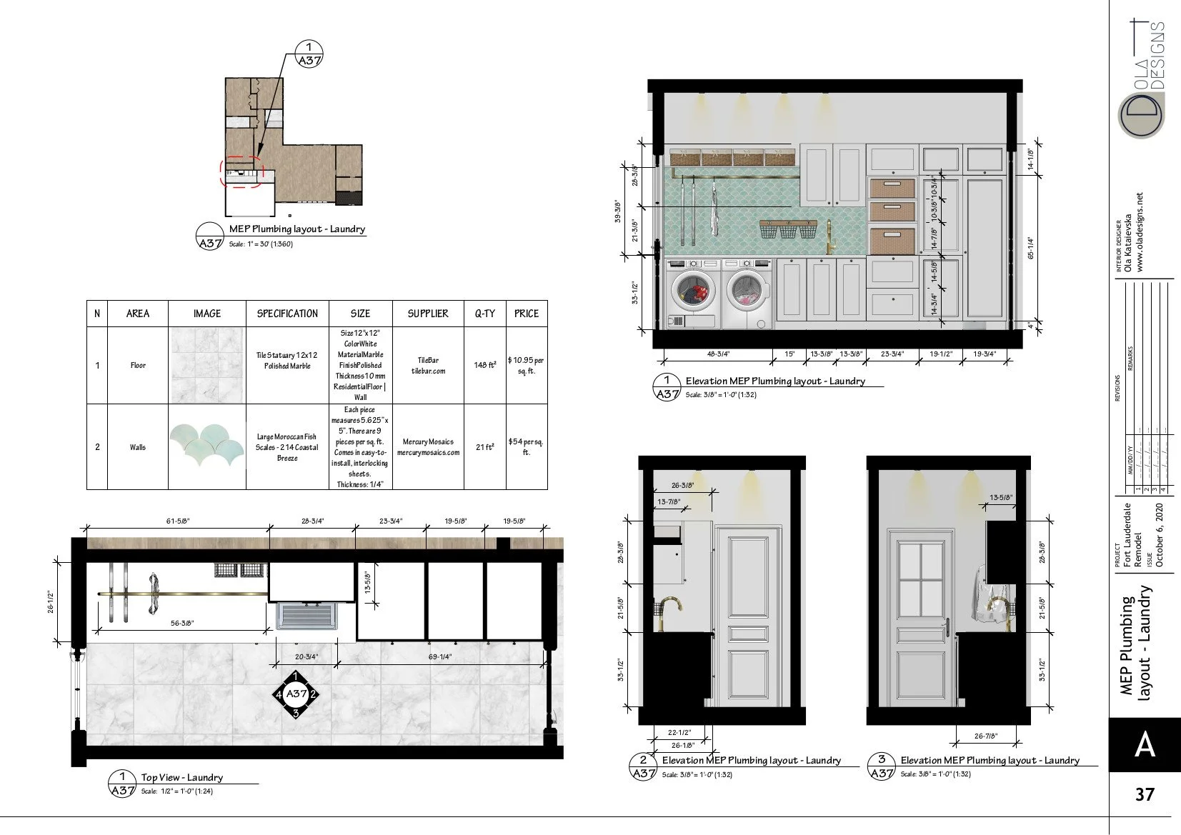 Hamptons-style open plan living room and kitchen, designed by TID Studio in Florida. Example Interiors Drawings Set