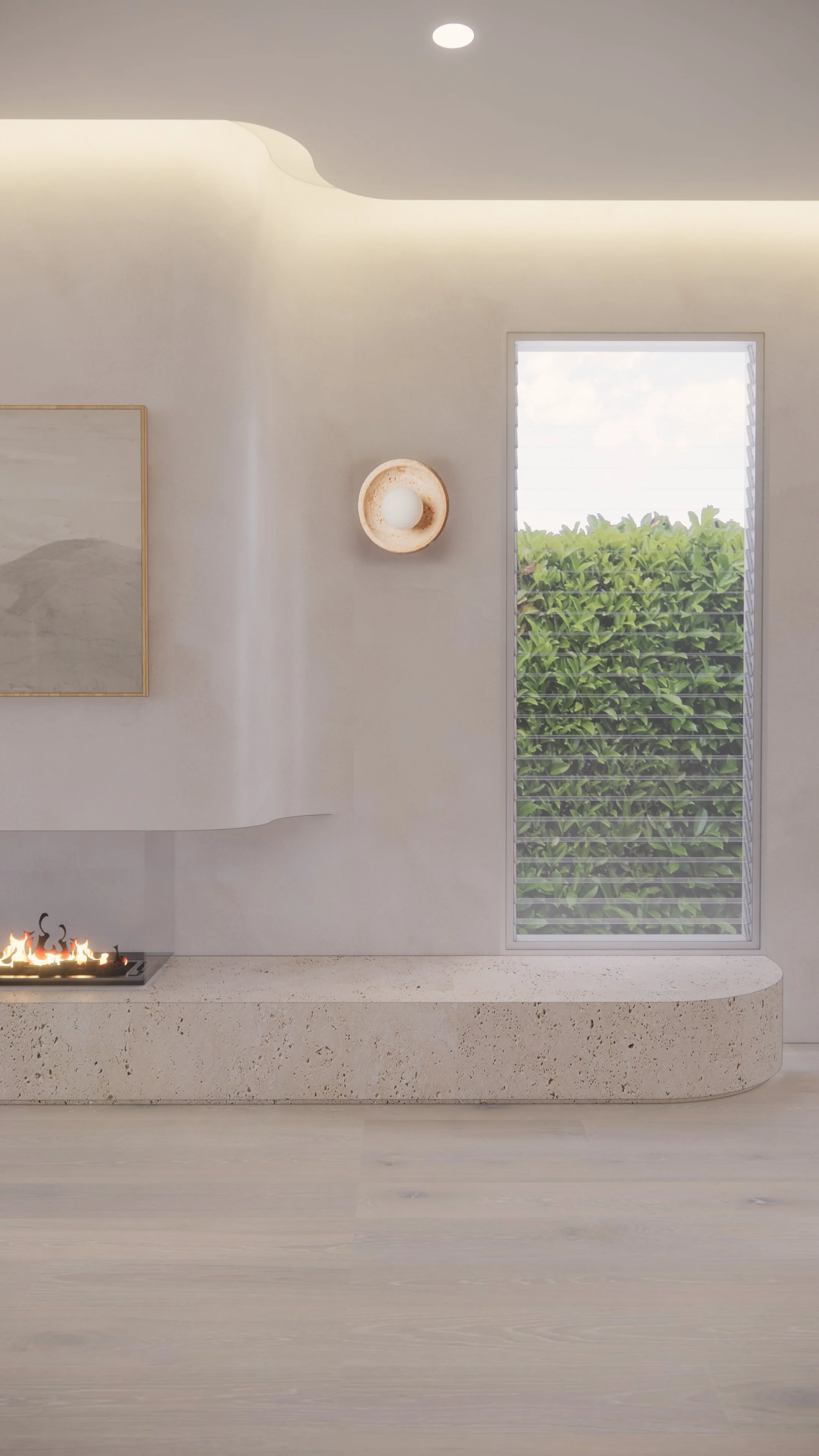 Modern coastal living room with soft plaster walls, light timber flooring and fireplace  — Auriga Residence by TID Studio, Brisbane