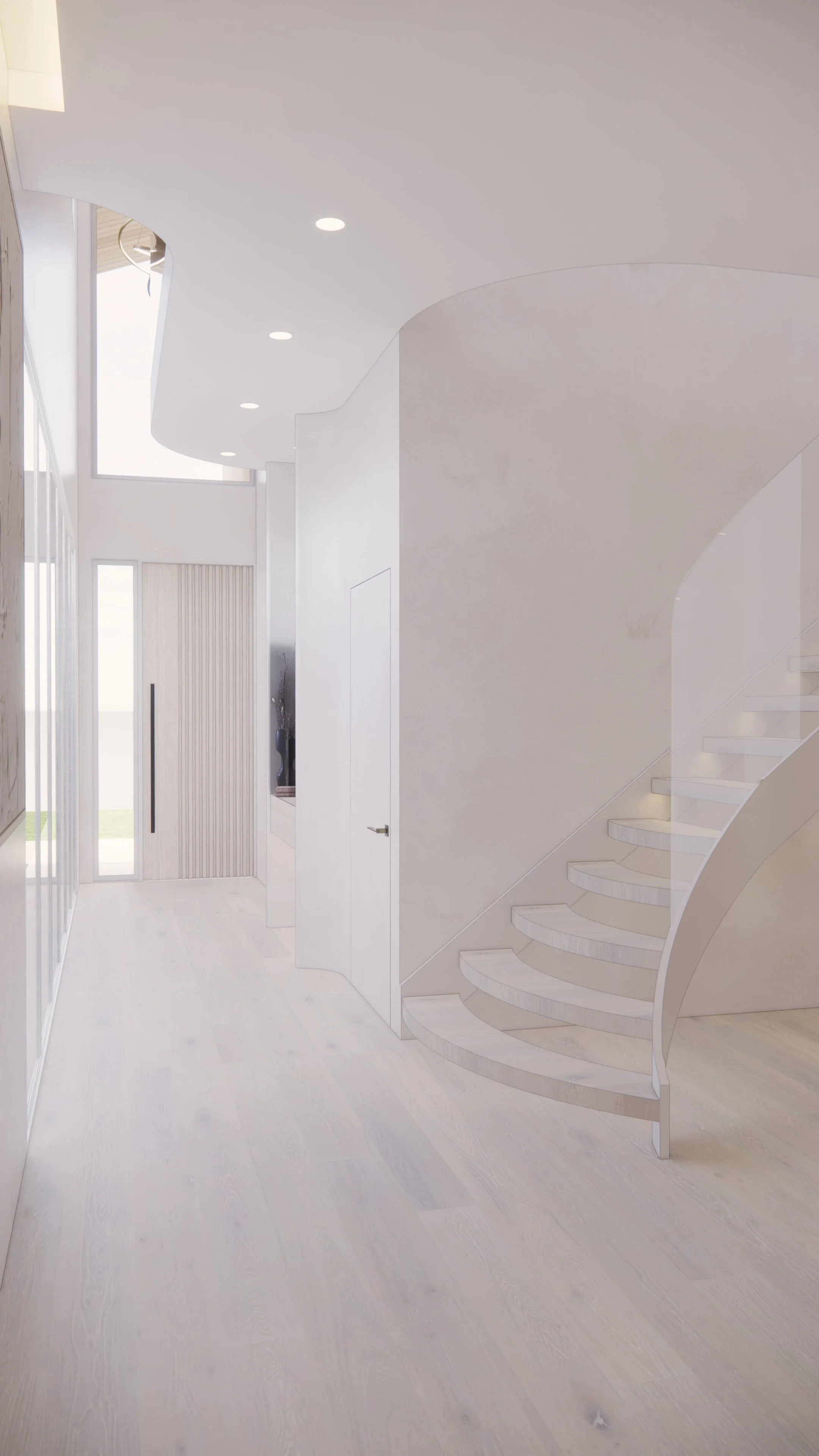 Modern coastal entry, wine cellar and staircase with soft plaster walls, light timber flooring and fireplace  — Auriga Residence by TID Studio, Brisbane