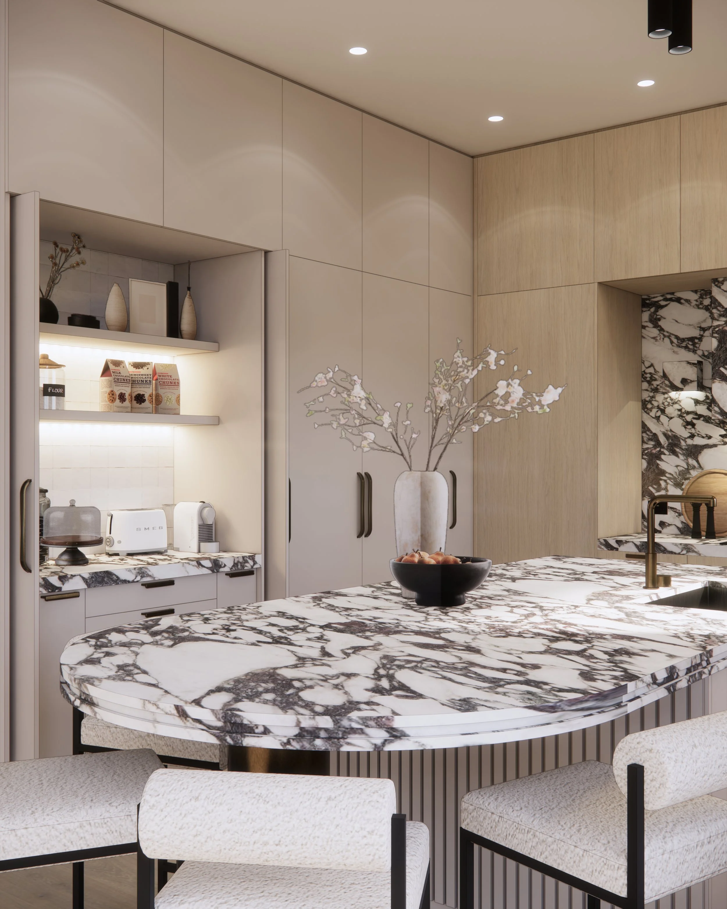 Contemporary marble kitchen with curved island and warm timber cabinetry in Melbourne house designed by TID Studio