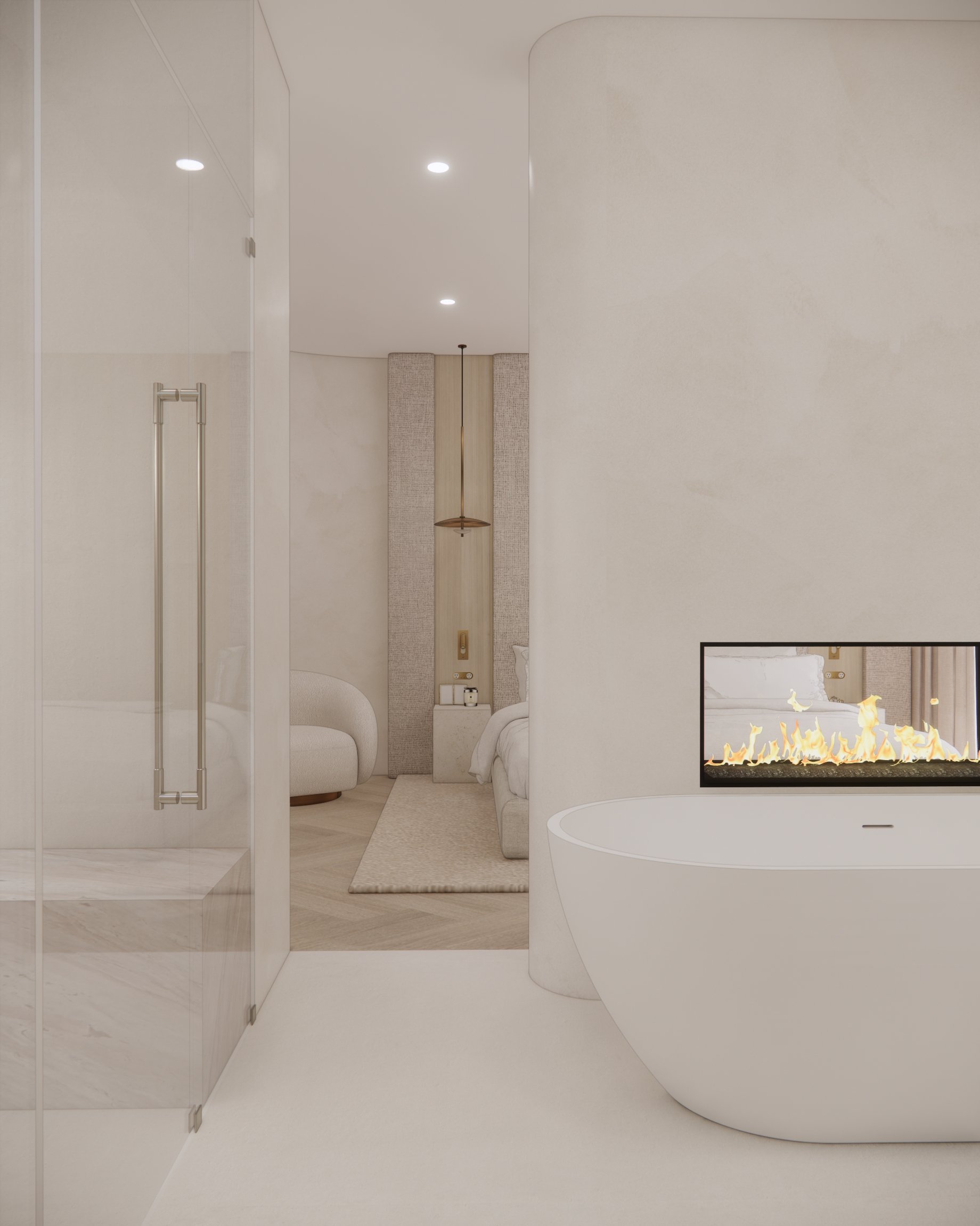 Modern contemporary bathroom with a see-through fireplace and the freestanding bathtub, designed by TID Studio in Sydney