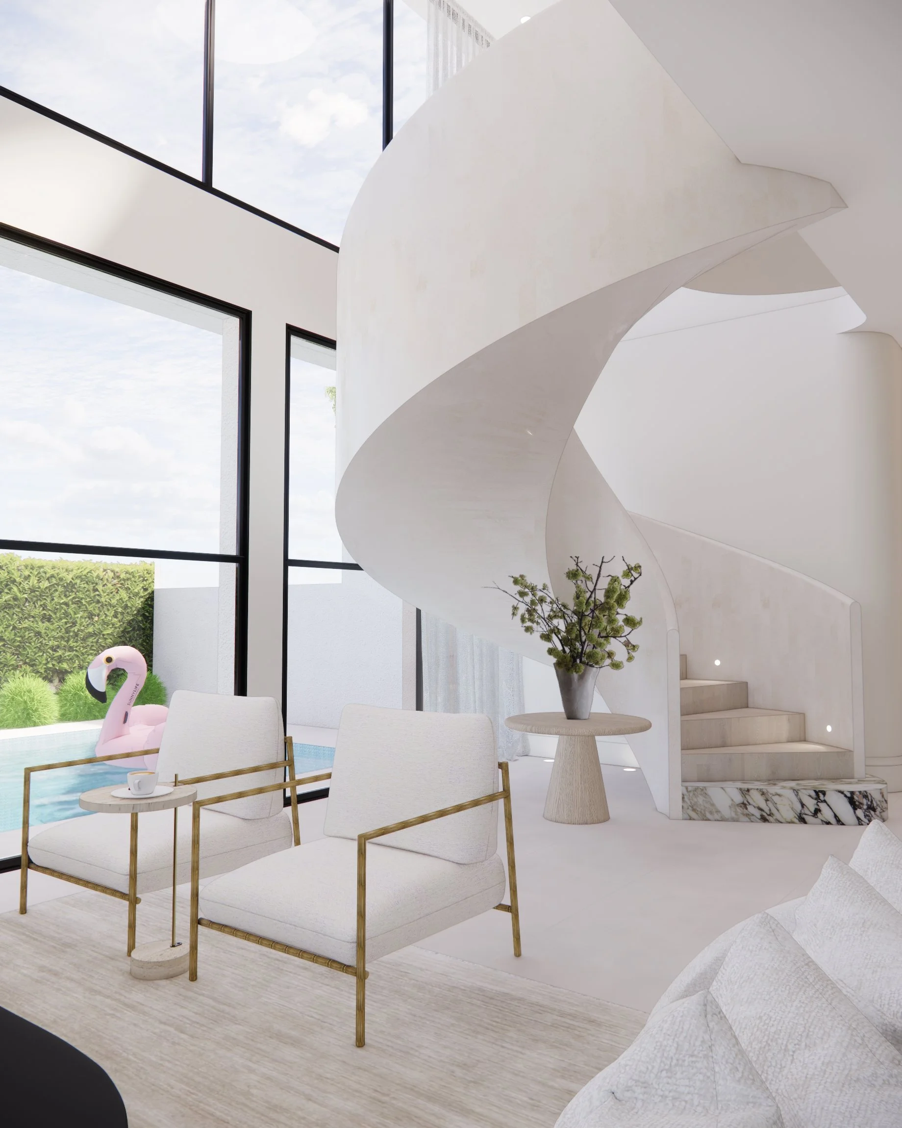 Contemporary living room with marble fireplace, curved staircase, and oversized neutral seating in a Sydney new-build