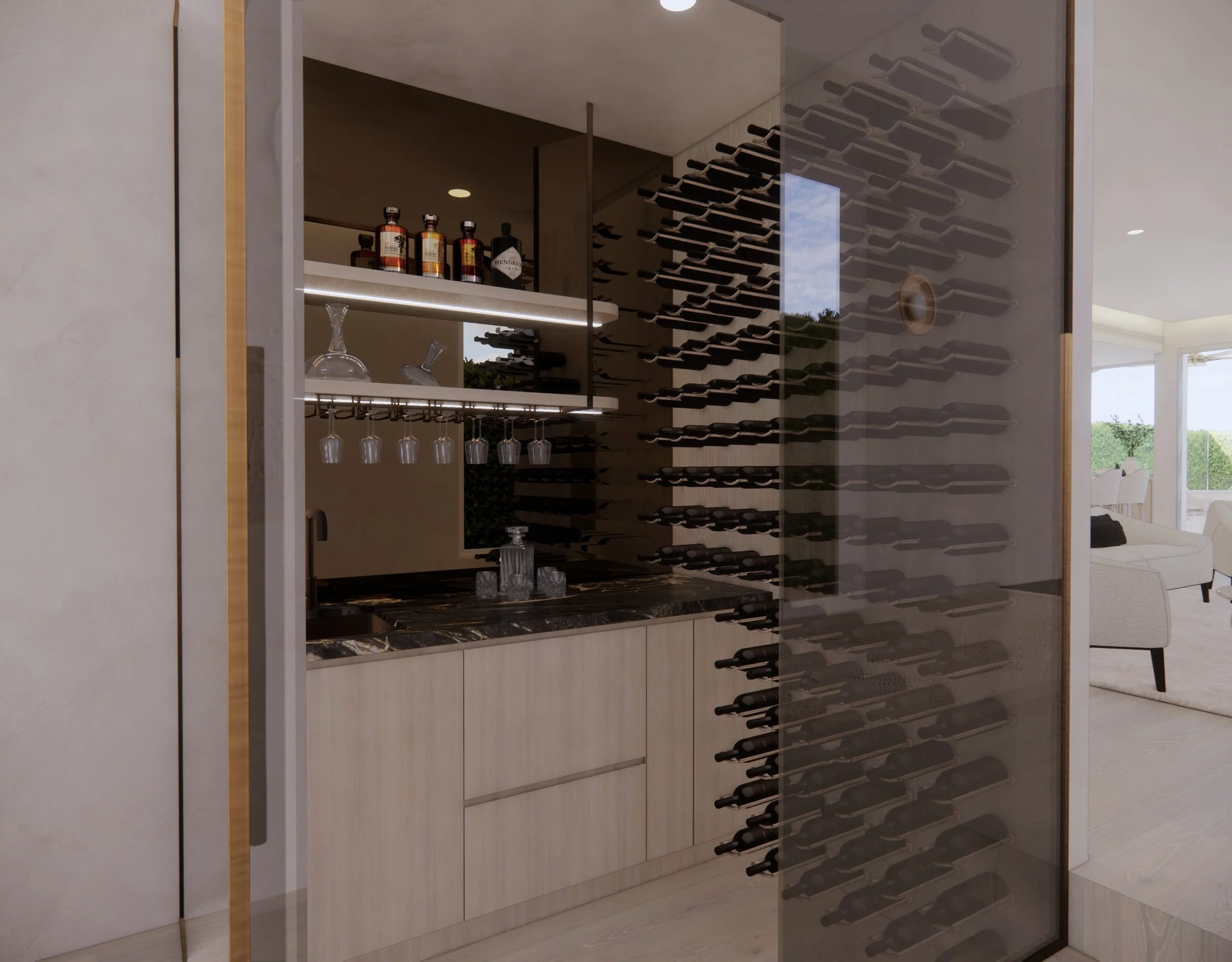 Curved bar cabinetry with illuminated shelving in a modern neutral kitchen — Auriga Residence by TID Studio, Brisbane