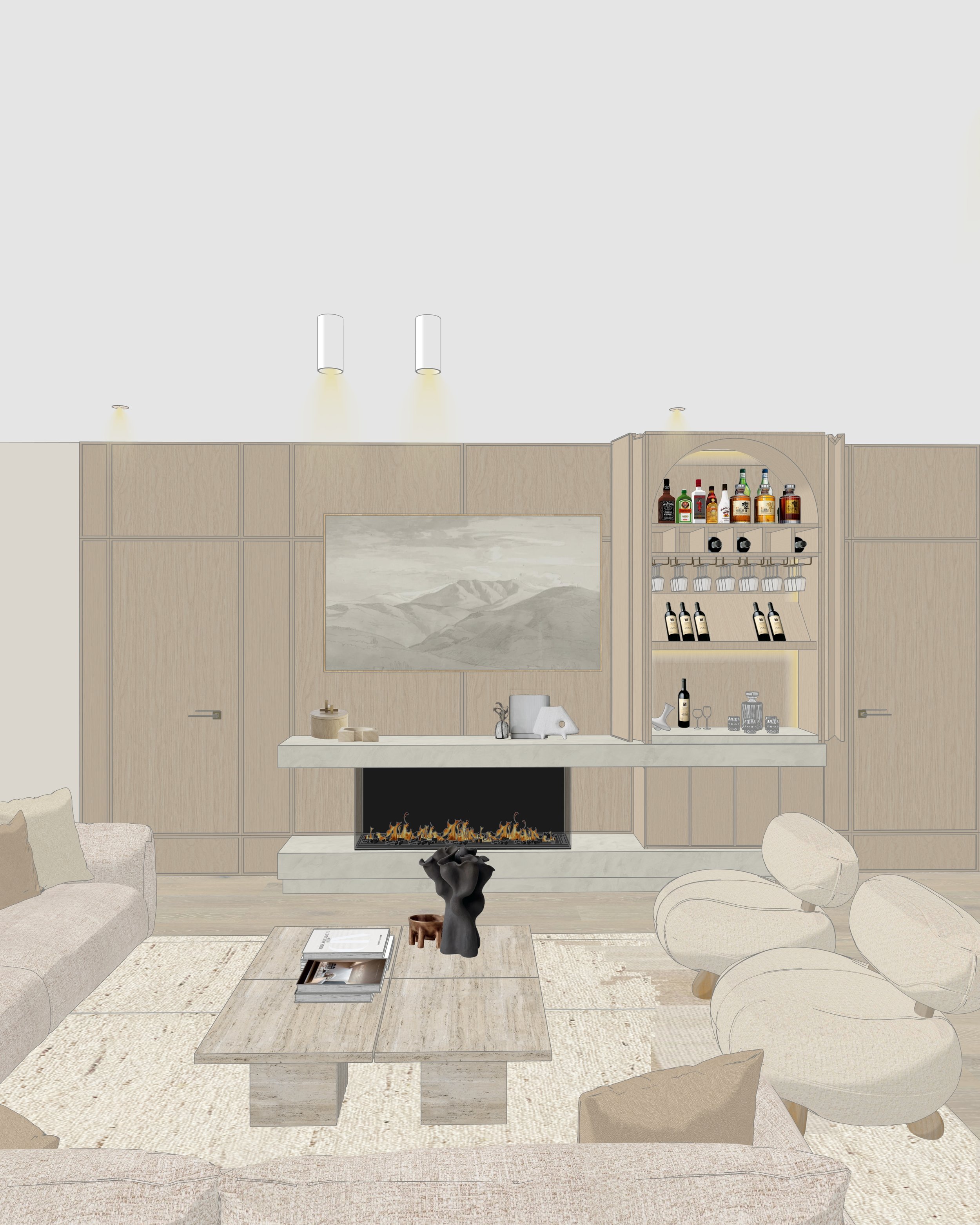 Contemporary living room with fireplace, hidden bar and custom built-in joinery, designed by TID Studio Sydney