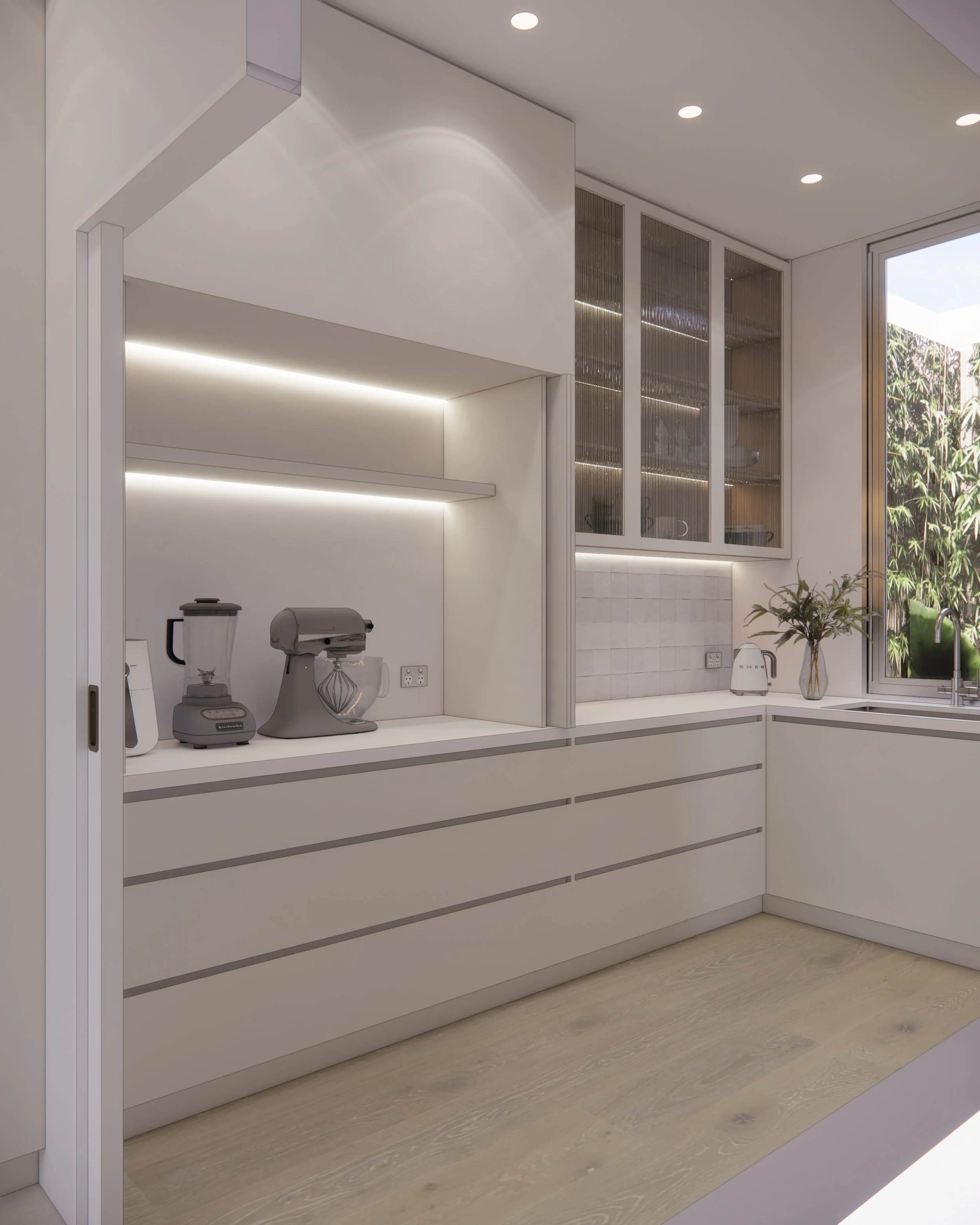 Contemporary butler's pantry in a minimal-luxe Melbourne home.