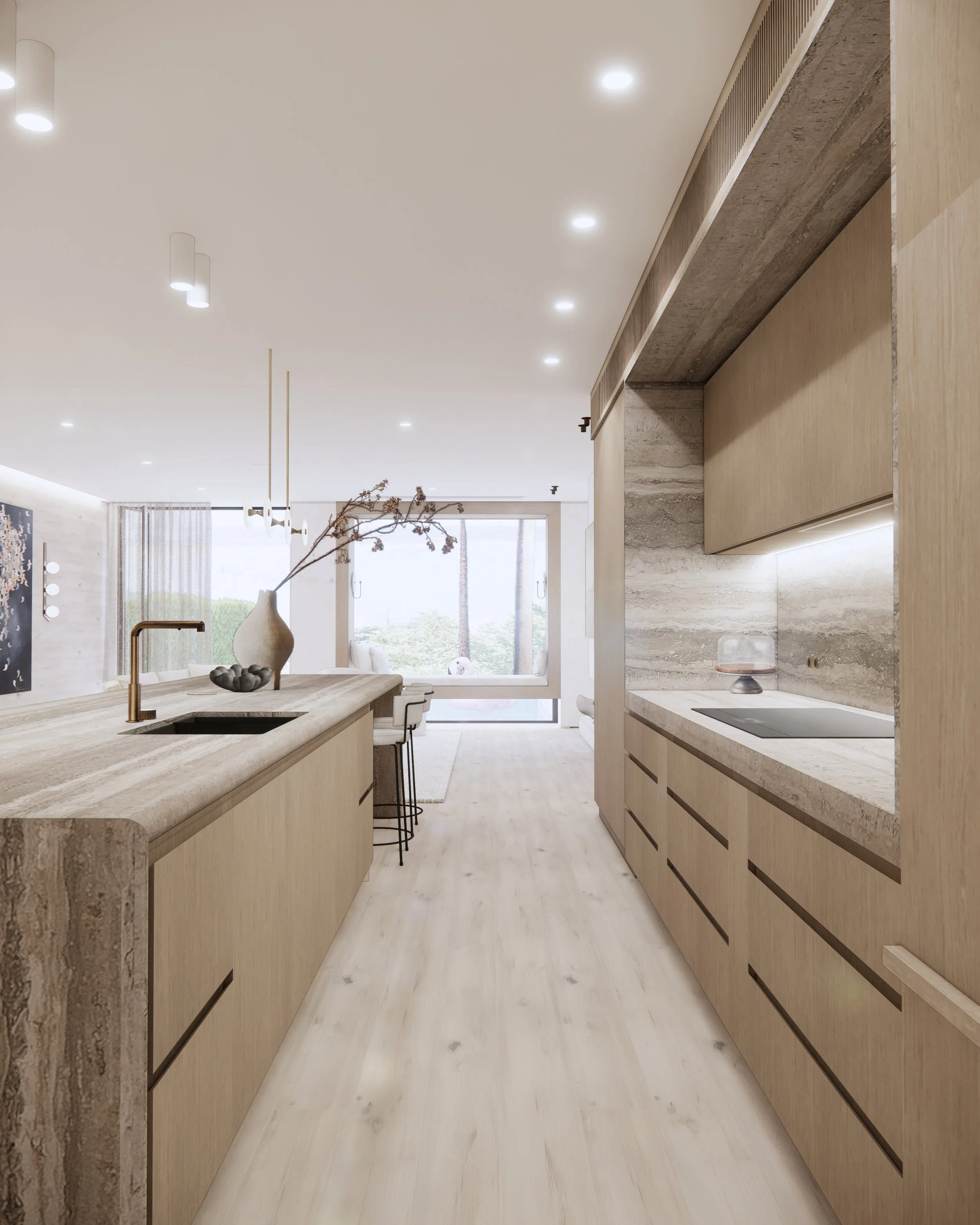Travertine kitchen island with curved base, warm timber cabinetry, and coastal contemporary palette