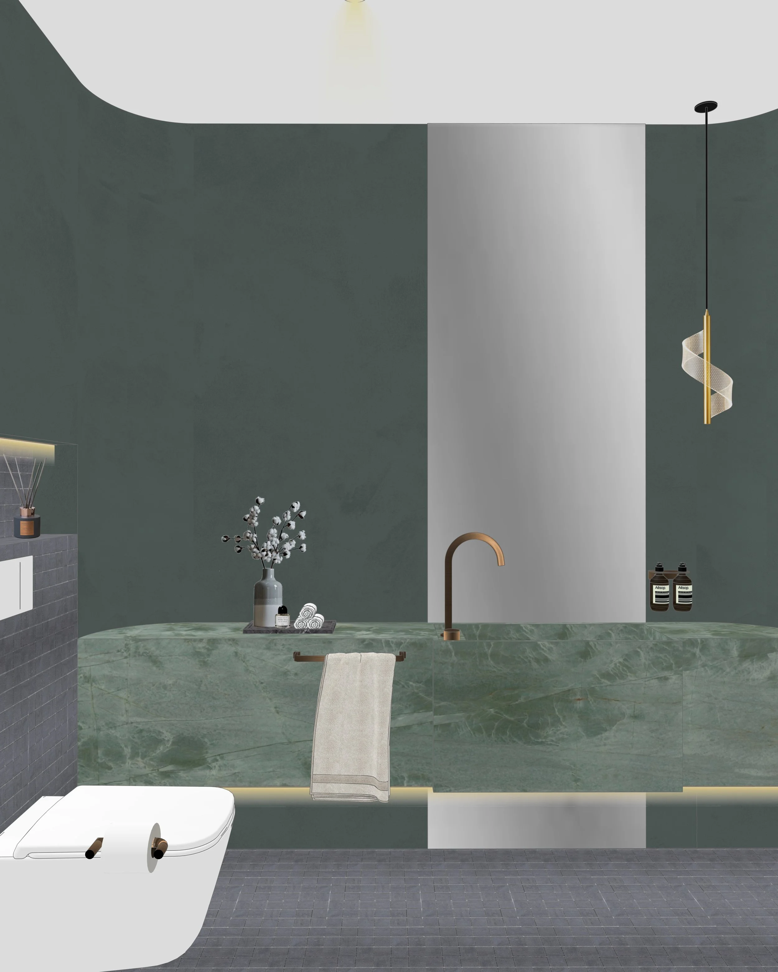 Moody powder room with dark green limewash walls and green stone vanity