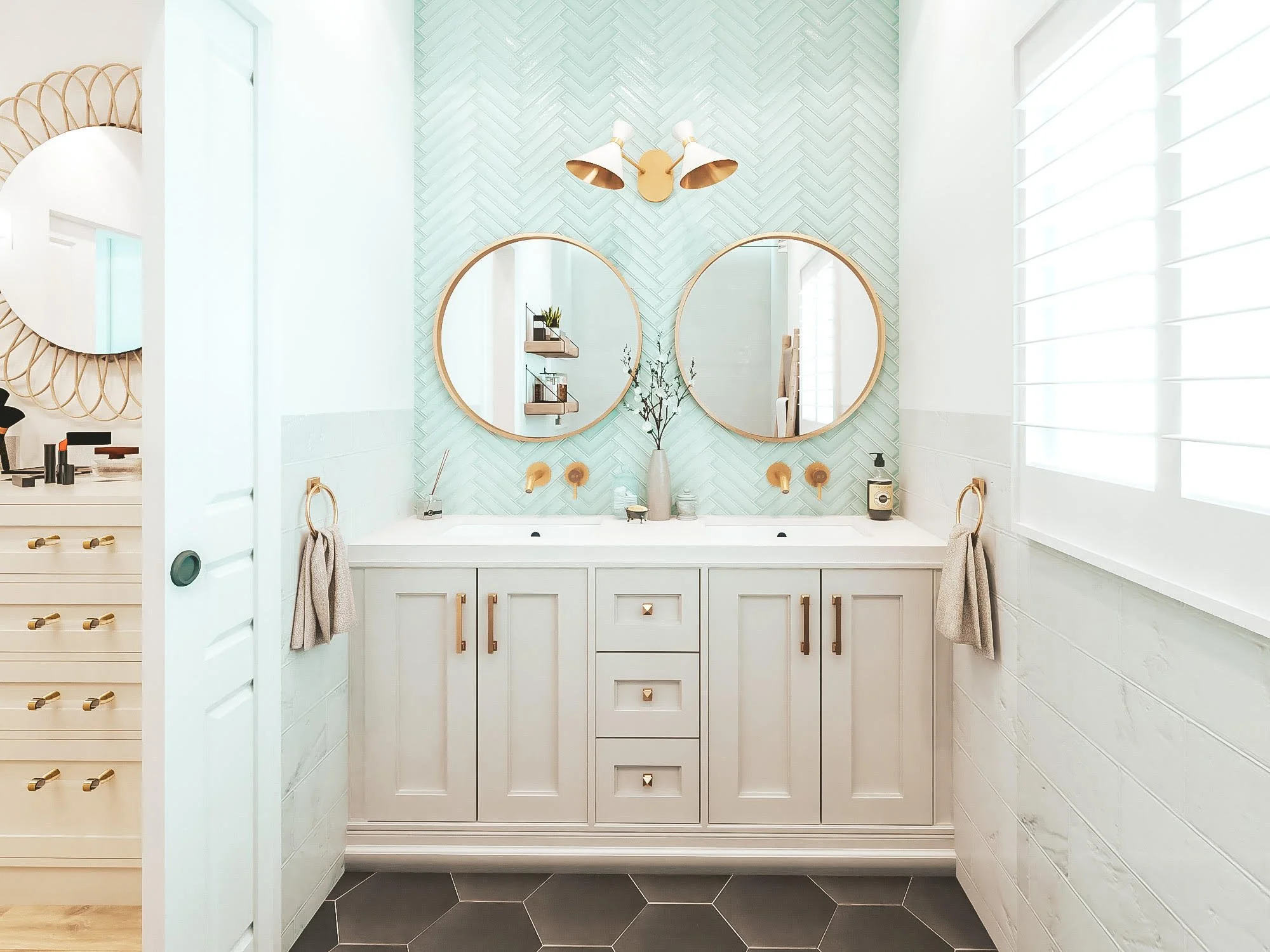 Soft coastal bathroom with freestanding tub and patterned tiles in a Hamptons-style design
