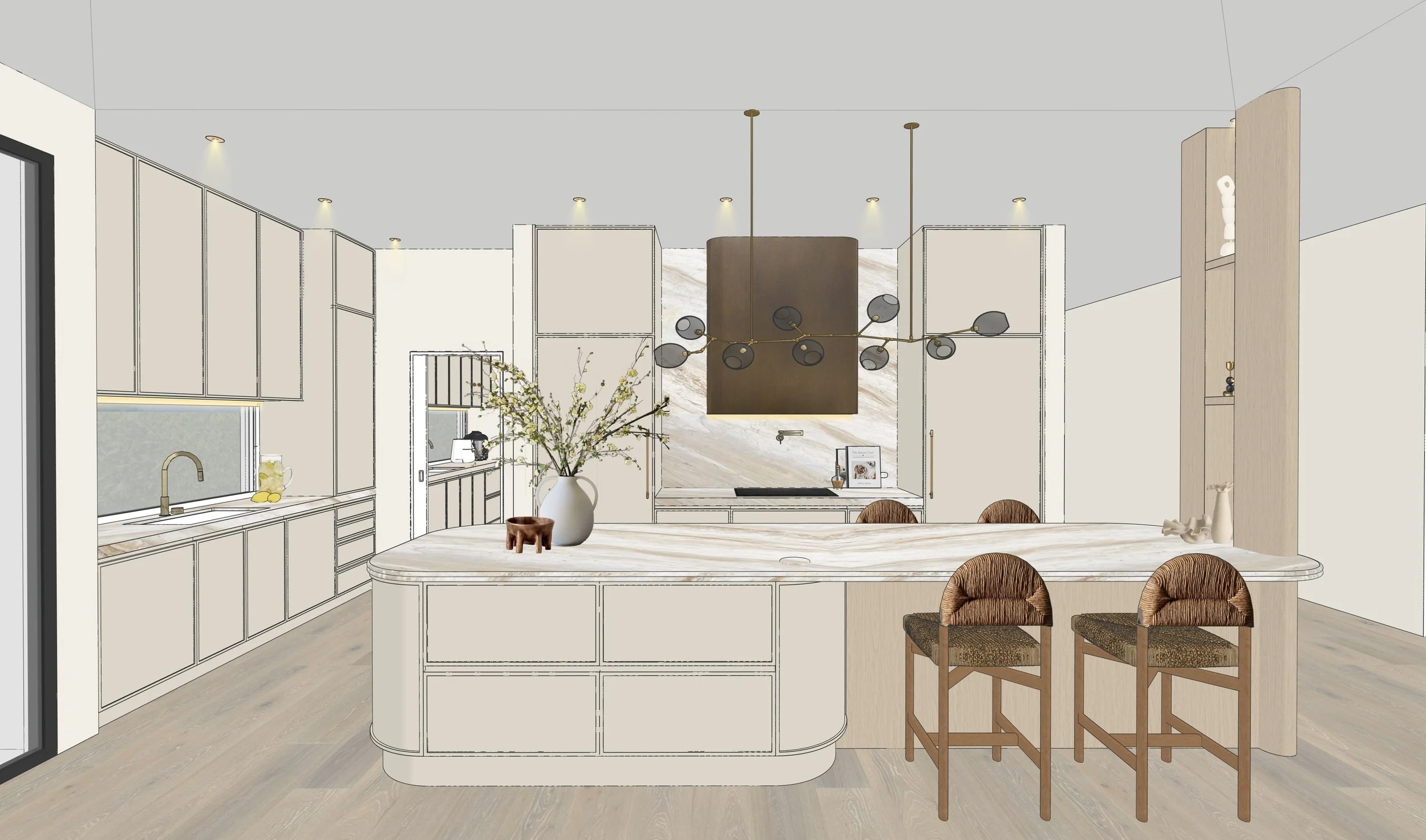 Modern luxury kitchen featuring Taj Mahal stone curved island, warm oak cabinetry, bronze rangehood and custom pantry design