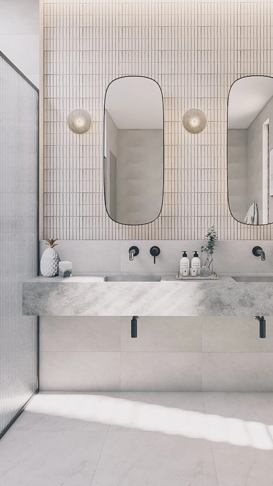 Reeded glass shower screens in a contemporary coastal bathroom by TID Studio