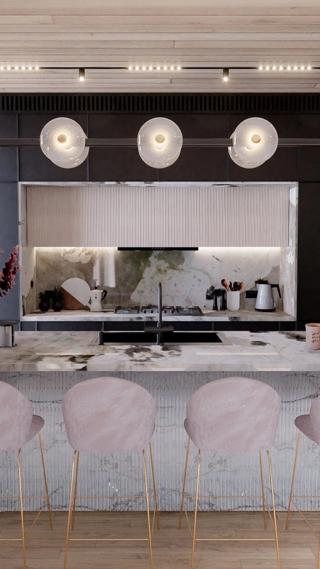Dramatic marble benchtop with expressive veining in a Gold Coast modern coastal kitchen