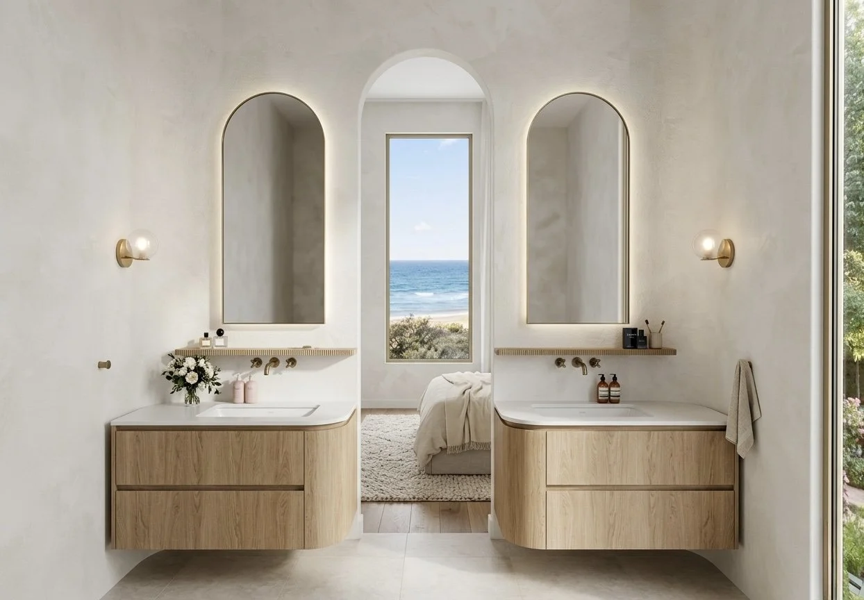 Serene Sands bathroom featuring curved rendered walls, travertine wall panel and central freestanding bath