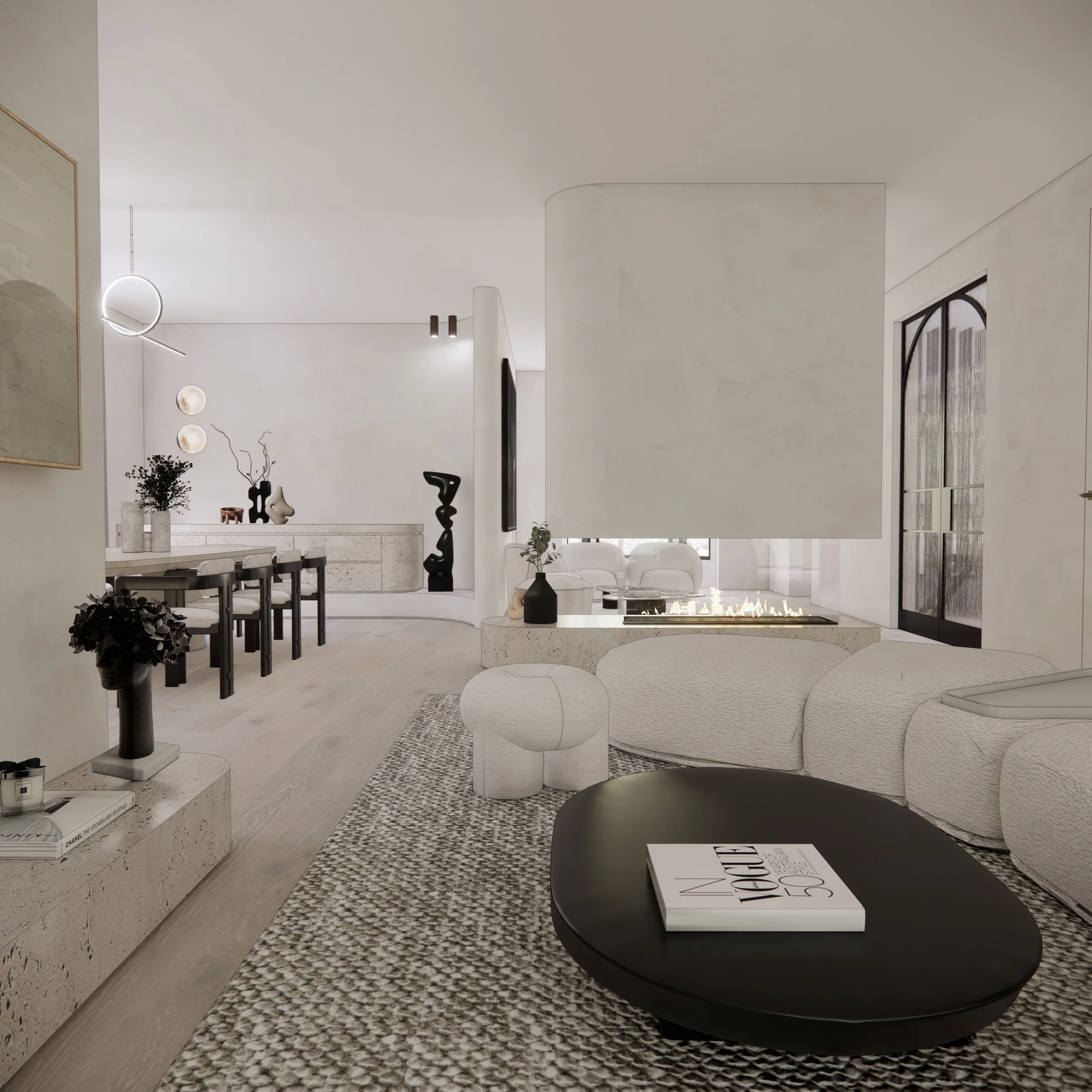 Contemporary Wabi-Sabi living room with curved sofa and neutral tones