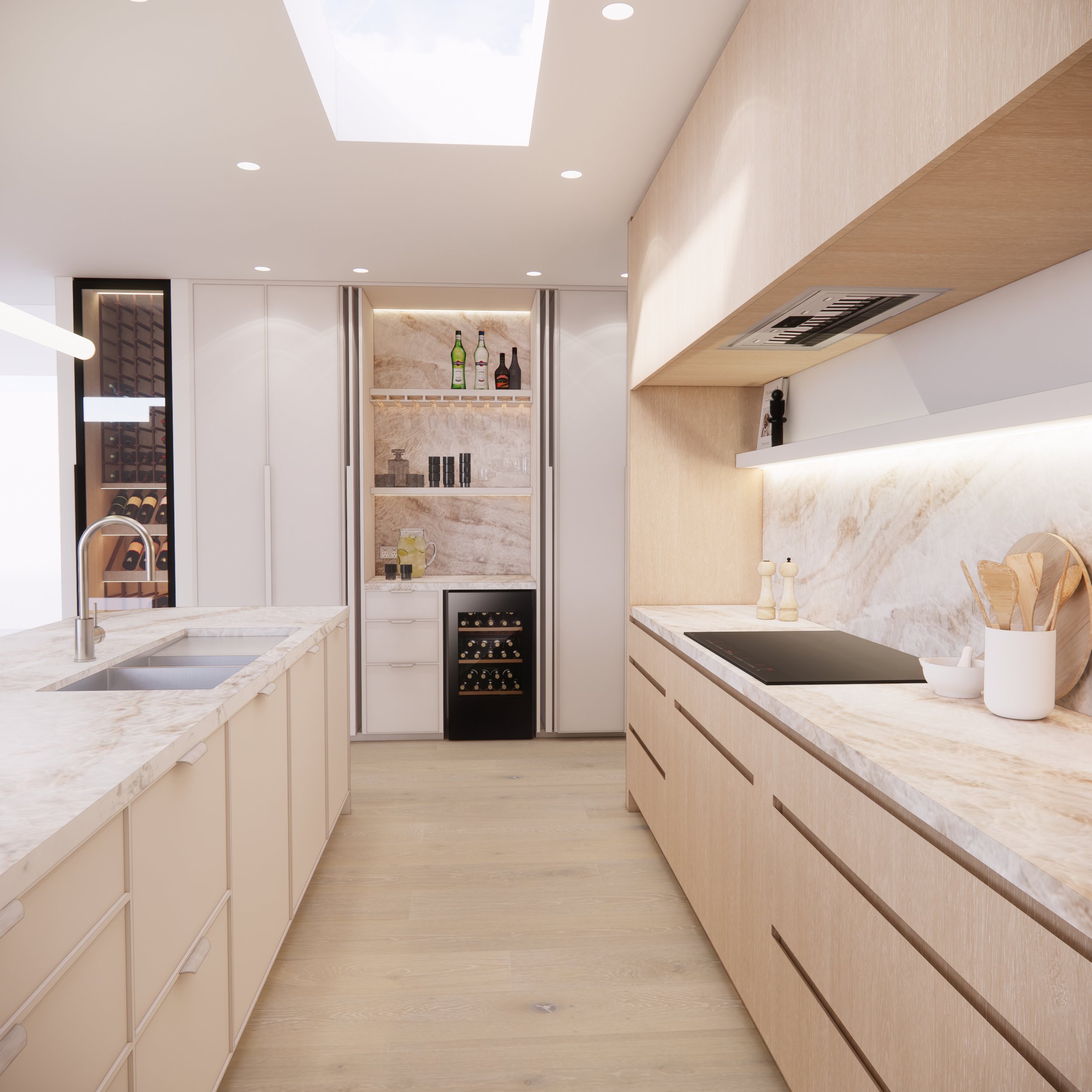 Soft neutral kitchen design featuring a fluted curved island and skylight, part of TID Studio’s Creamstone Escape project