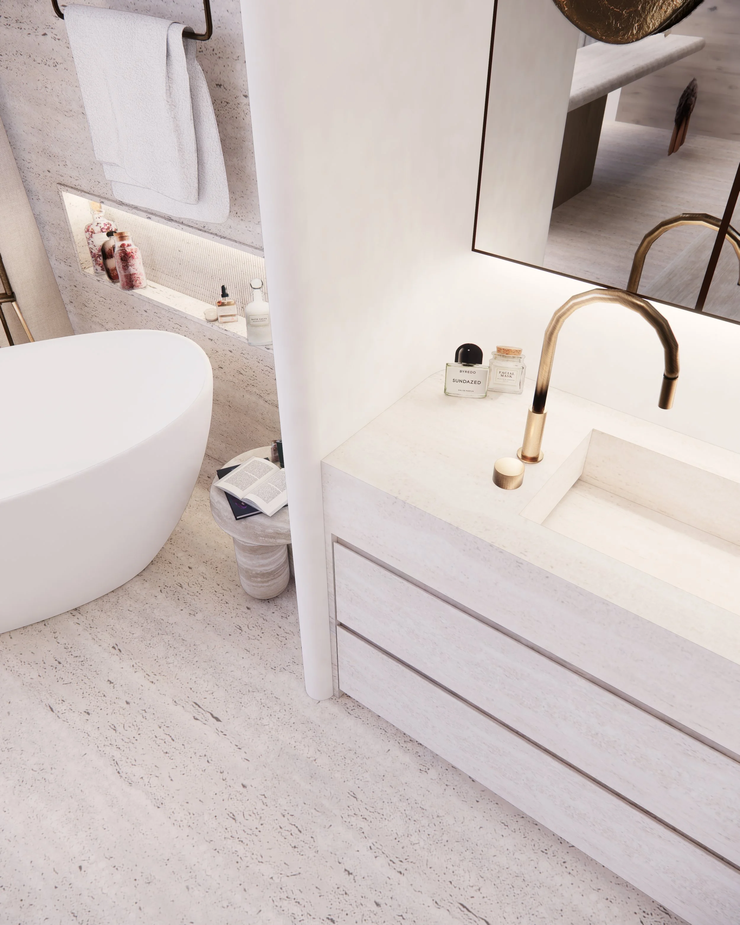 Freestanding bathtub by floor-to-ceiling windows with ocean view and travertine flooring