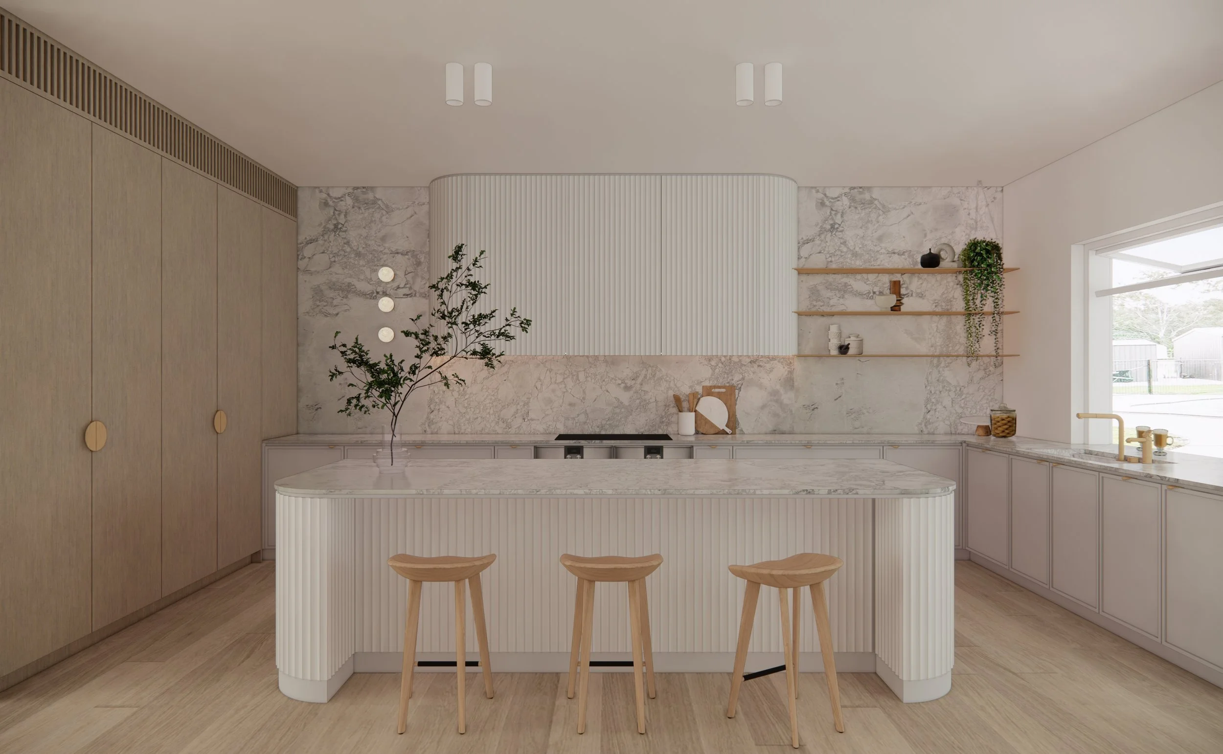 Modern coastal kitchen renovation in Brisbane with fluted island, walnut cabinetry, and brass details designed by TID Studio