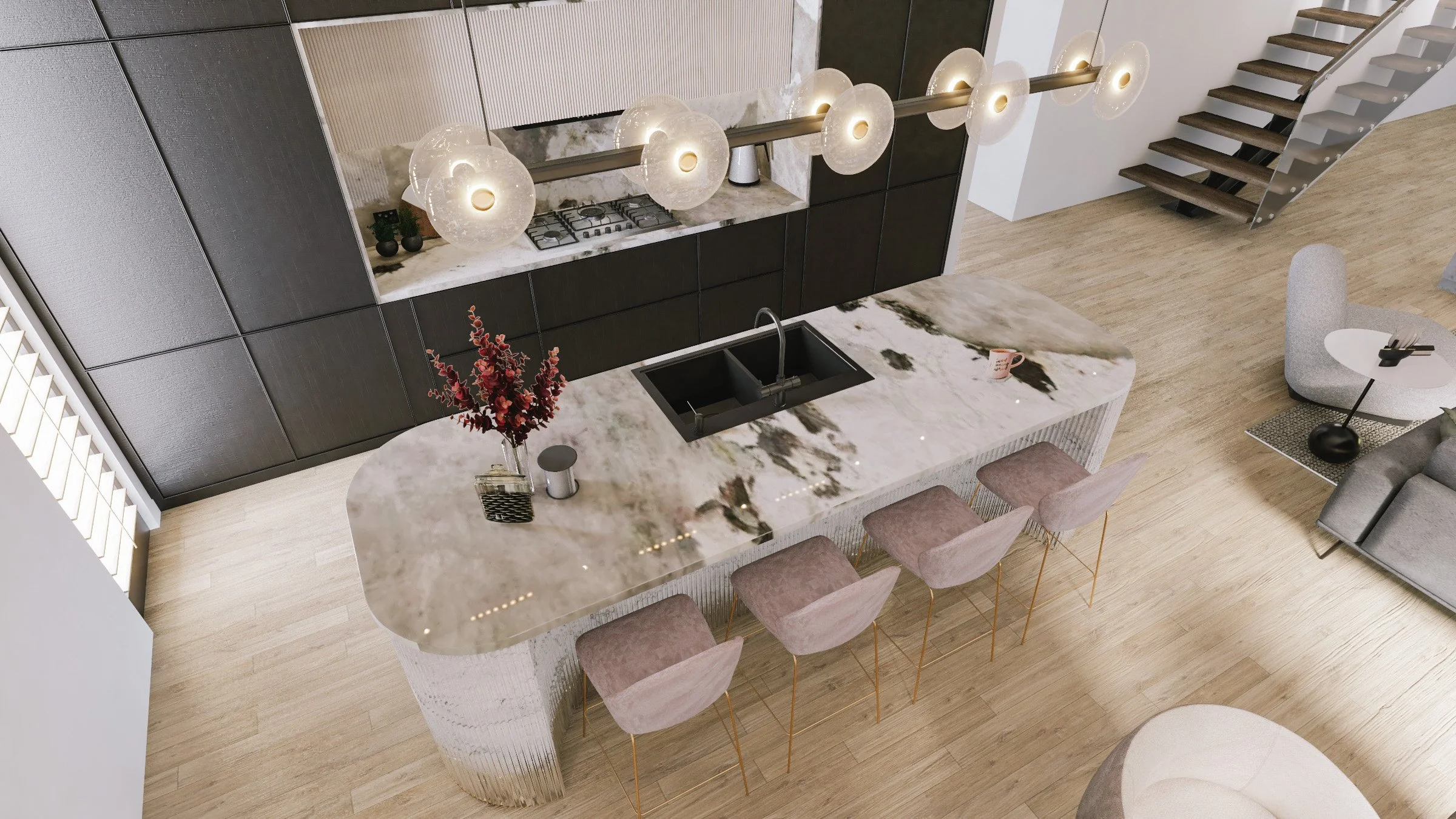Dramatic marble benchtop with expressive veining in a Gold Coast modern coastal kitchen