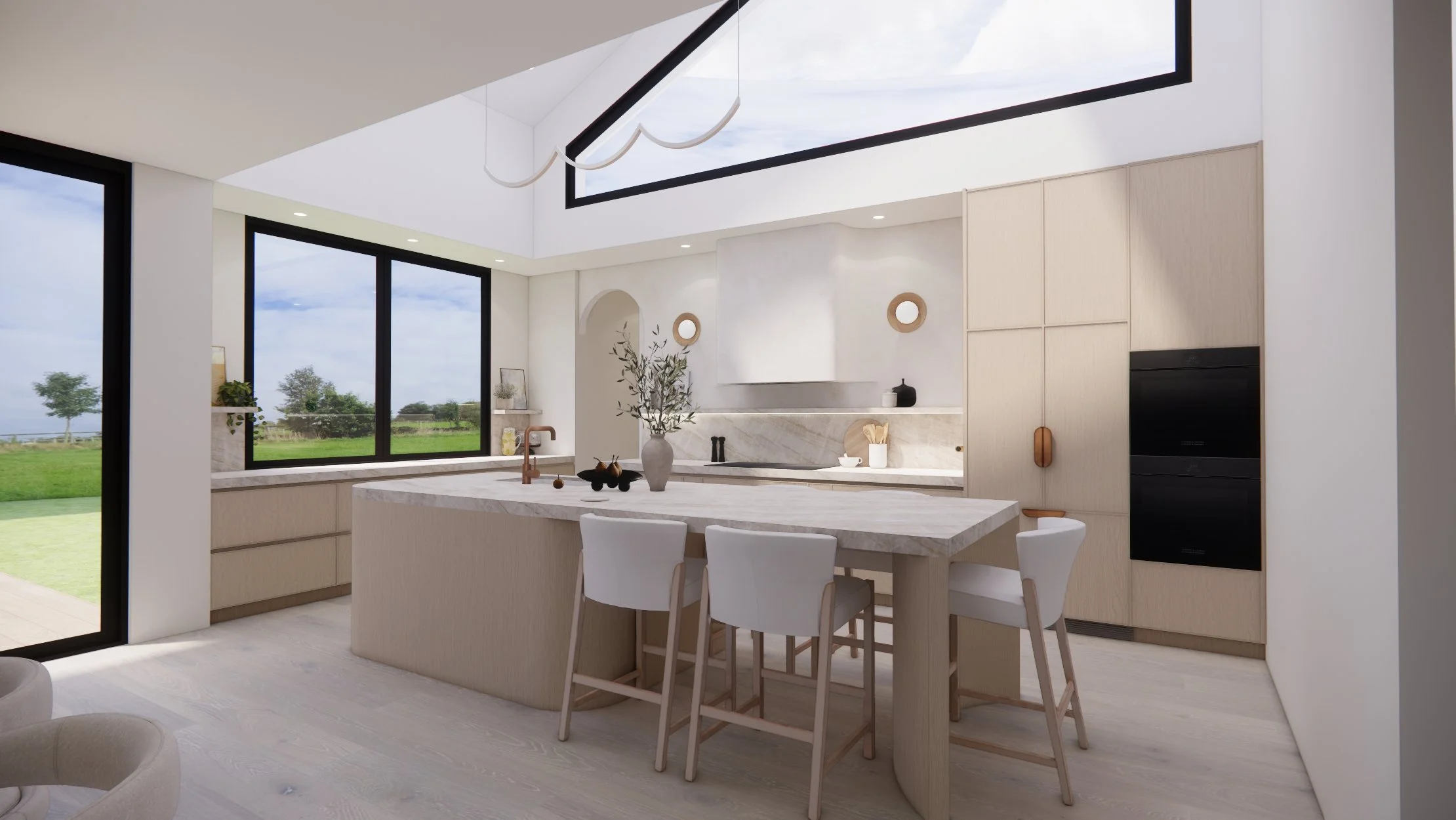 Modern open-plan kitchen with natural oak cabinetry, stone island and skylight in a contemporary new build