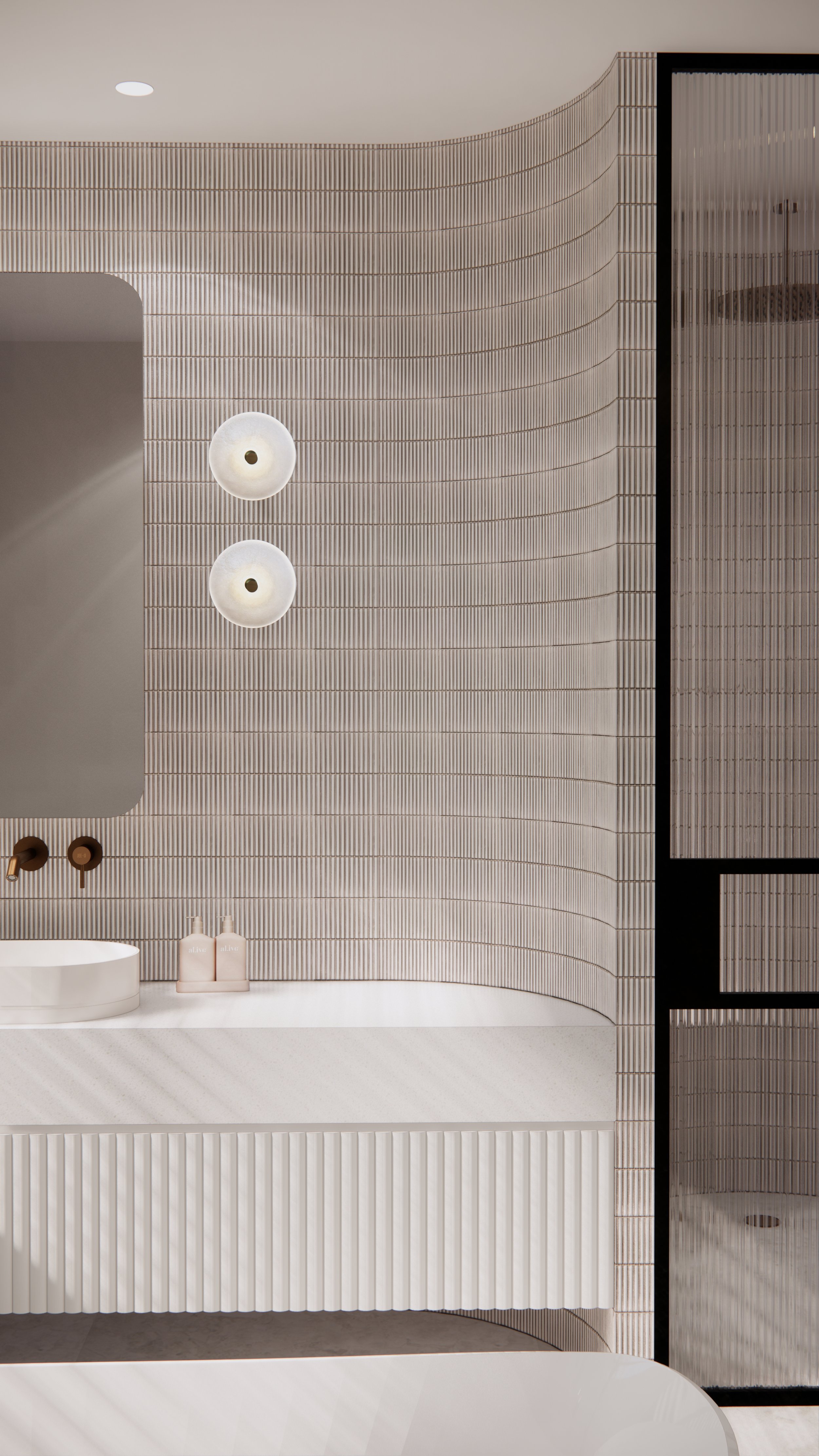 Floating white vanity with fluted front and oval basin in a coastal bathroom renovation by TID Studio