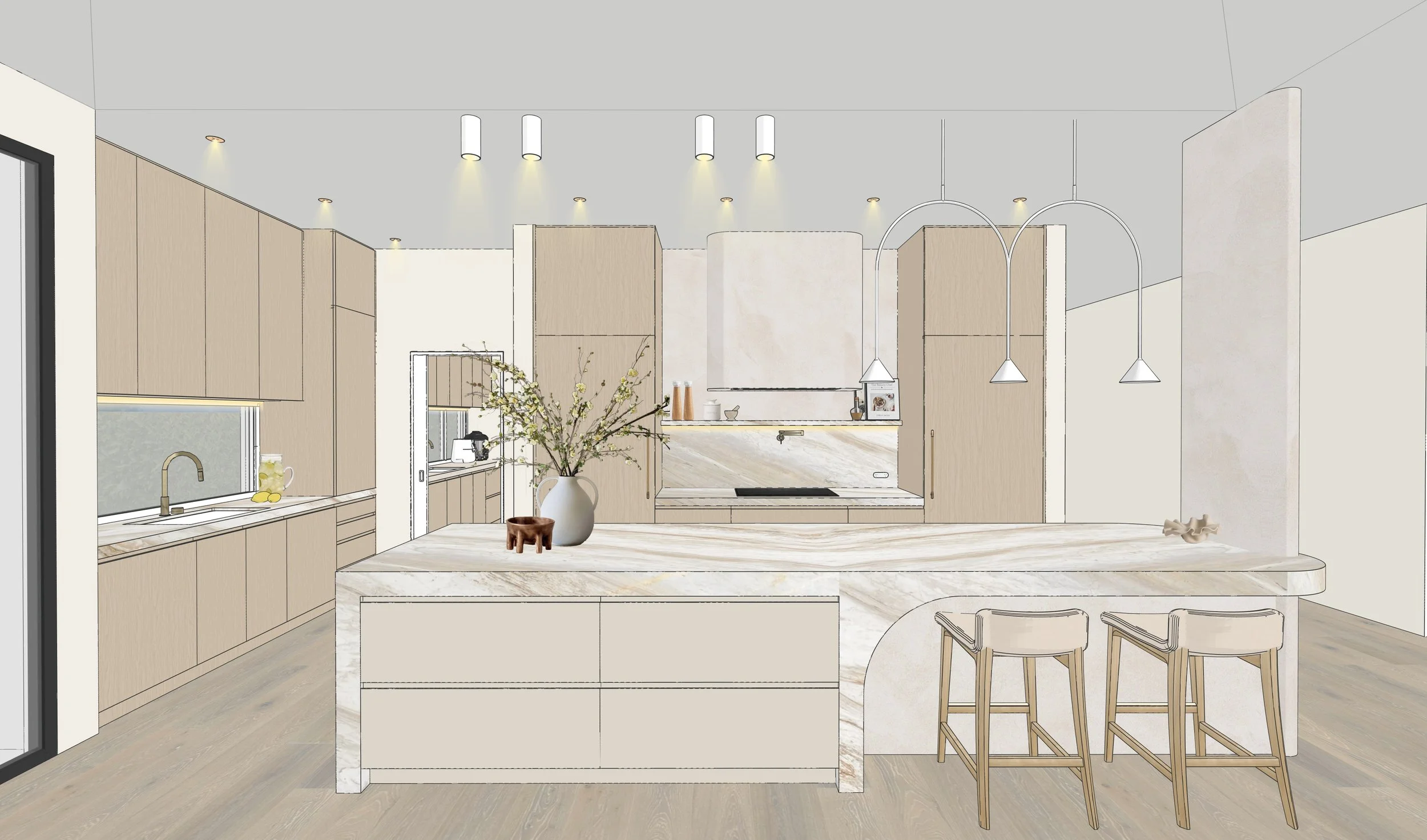 Modern luxury kitchen featuring Taj Mahal stone curved island, warm oak cabinetry, bronze rangehood and custom pantry design