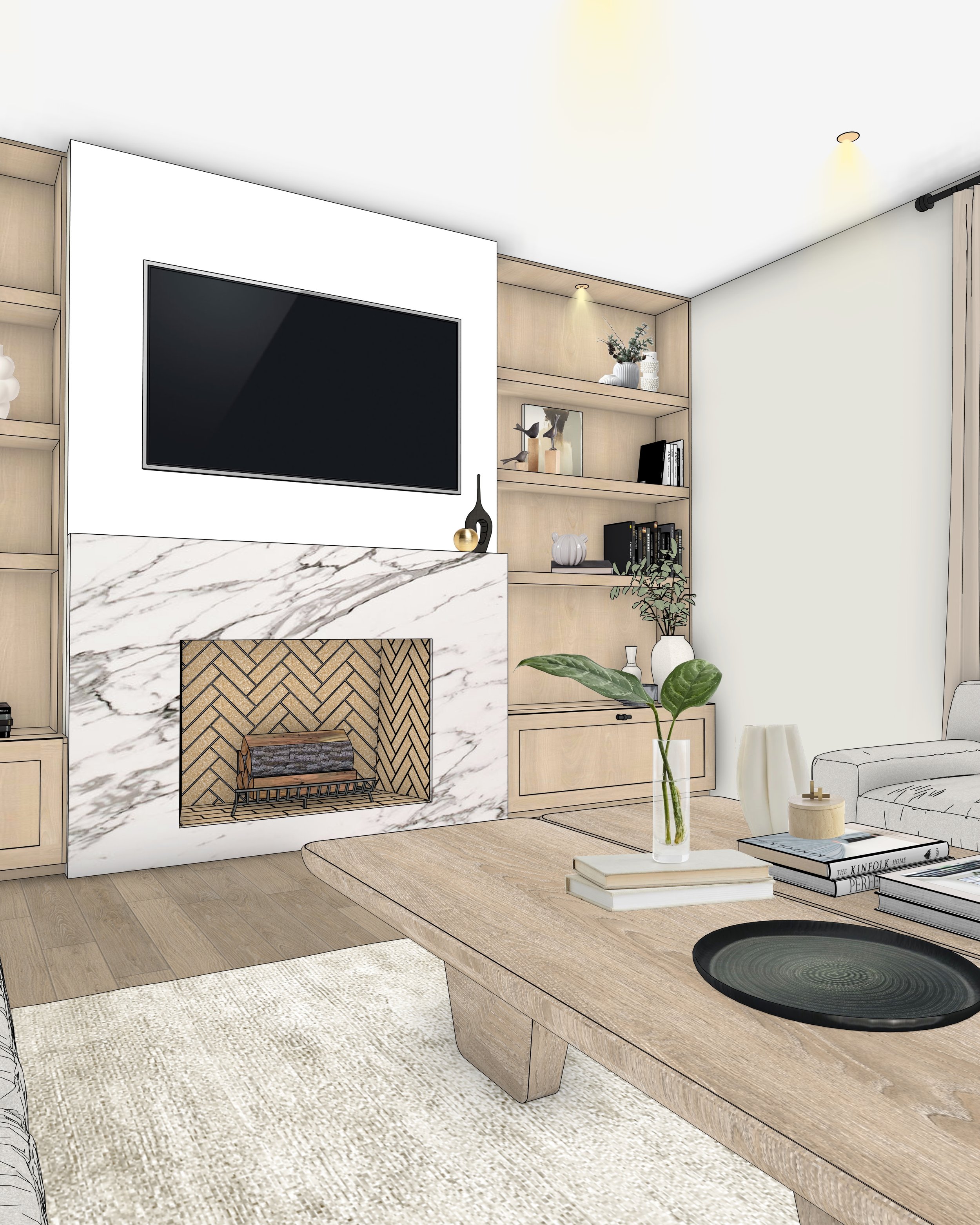 Modern farmhouse living room with custom fireplace, built-in joinery and warm neutral interiors designed by TID Studio