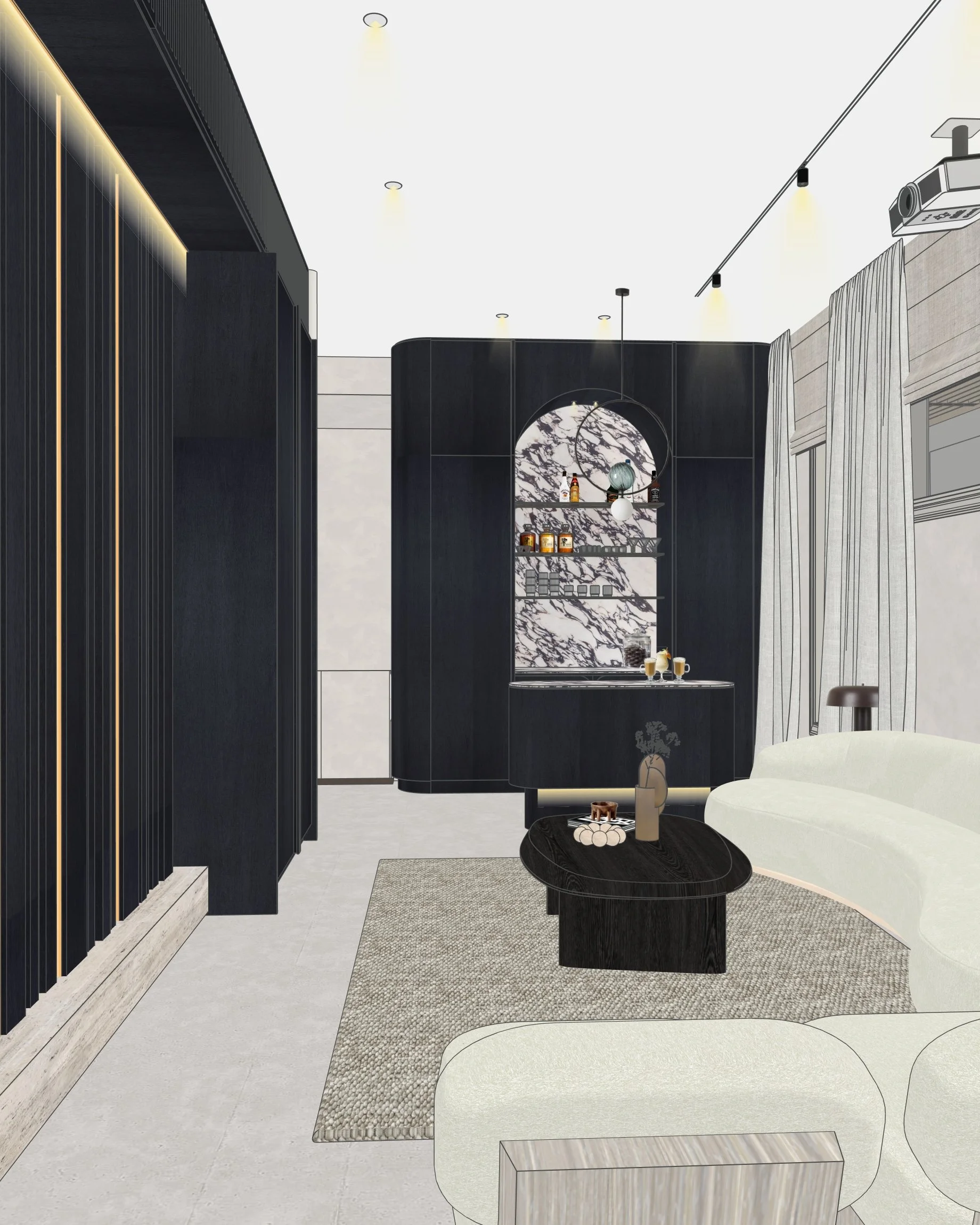 Modern heritage home bar with arched marble backsplash and dark timber cabinetry in Sydney terrace renovation